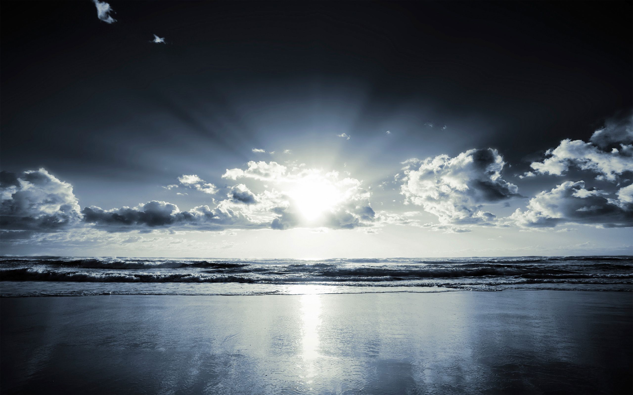 Meer, Sonnenlicht, Wolken, Schwarzweiß, Horizont, 2K, Hintergrundbild für den PC