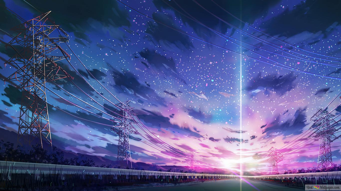 Strommasten, Sternenhimmel, Anime-Stil, Lichtstrahl, Lila Himmel, HD, Laptop-Hintergrundbild