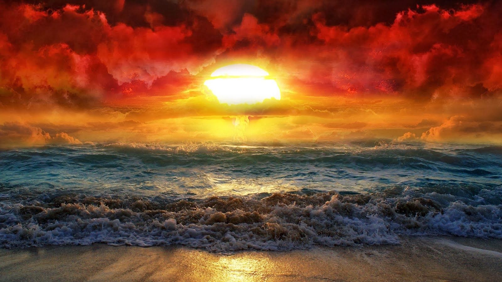 Sonnenuntergang, Meer, Wellen, Roter Himmel, Dramatische Wolken, HD, Breitbild-Hintergrundbild