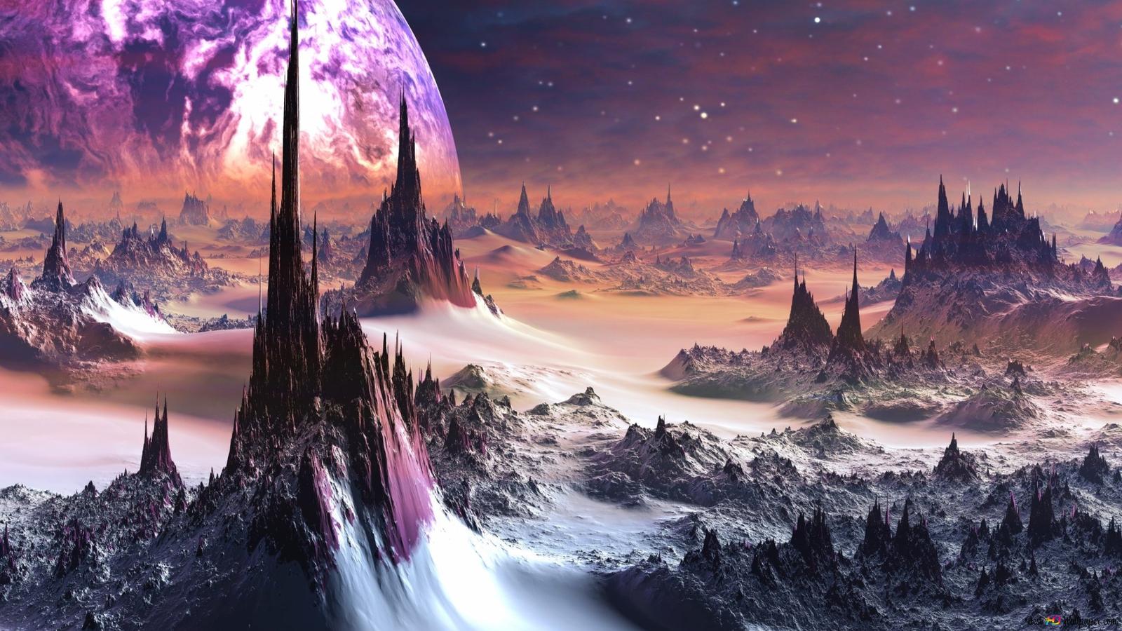 Fantasy-Landschaft, Außerirdischer Planet, Felsspitzen, Sci-Fi, Lila Himmel, Digitale Kunst, HD-Hintergrundbild