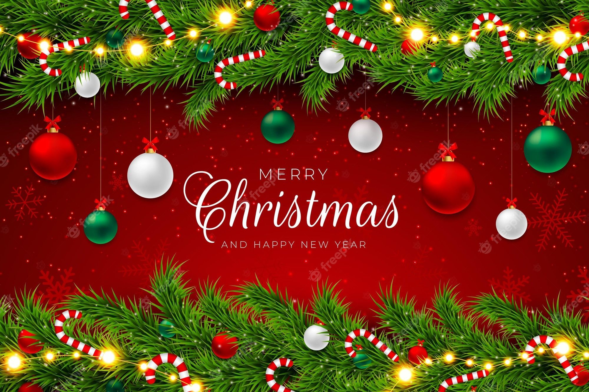 Merry Christmas, Zuckerstangen, Christbaumkugeln, Girlande, Roter Hintergrund, Full HD Wallpaper
