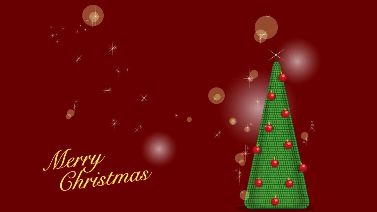 Merry Christmas, Weihnachtsbaum, Grafik, Roter Hintergrund, Bokeh, HD Wallpaper