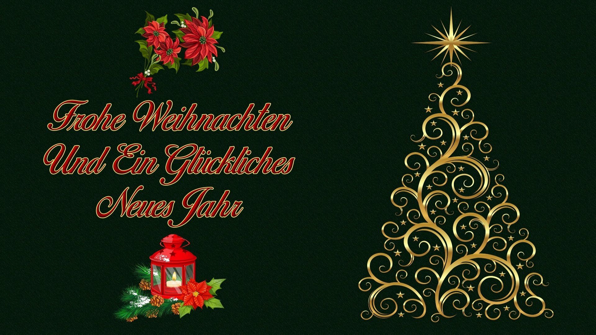 Frohe Weihnachten, Glückliches neues Jahr, Goldener Baum, Weihnachtsstern, Grußkarte, Dunkelgrüner Hintergrund, 1080p Wallpaper