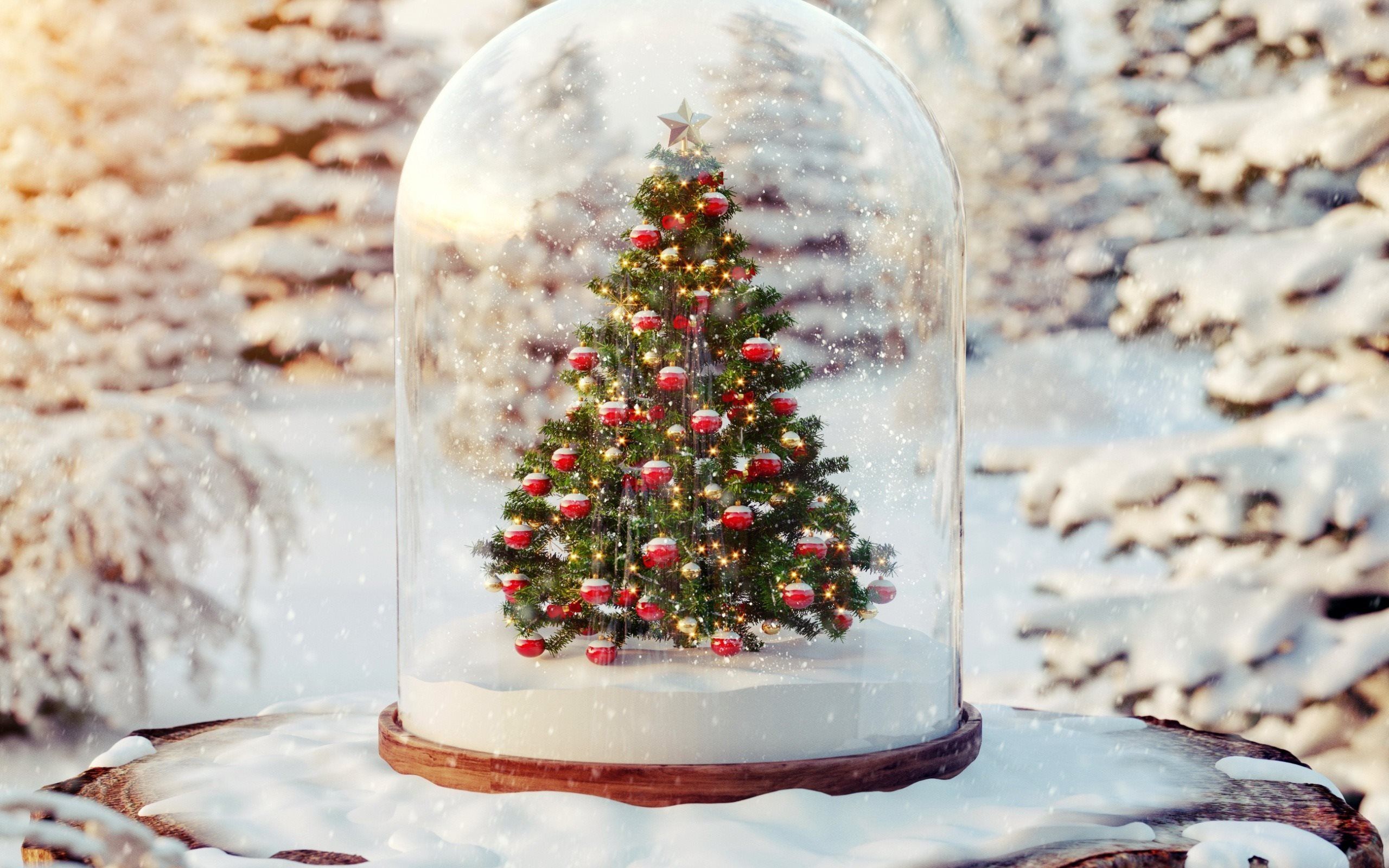 Glasglocke, Weihnachtsbaum, Schnee, Miniatur, Winterwald, 2K, MacBook-Hintergrundbild