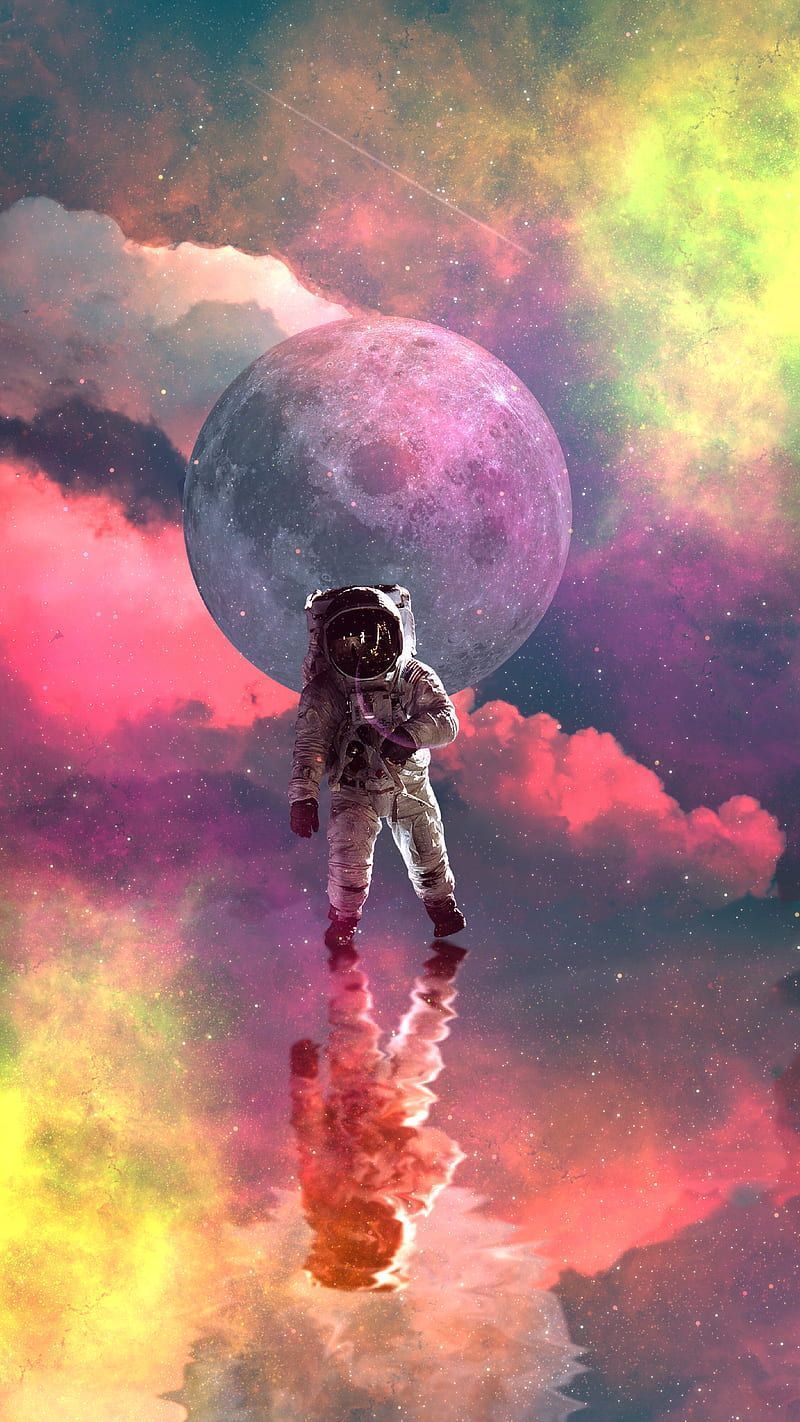 Astronaut, Planet, Bunte Wolken, Spiegelung, Surreal, HD, Handy-Hintergrund im Hochformat