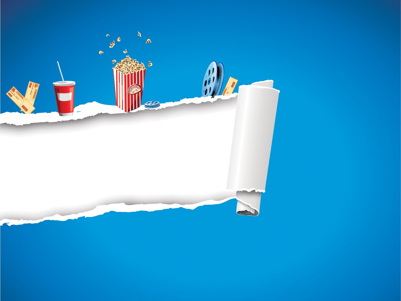 Kino, Popcorn, Filmrolle, Gerissenes Papier, Blauer Hintergrund, HD Wallpaper
