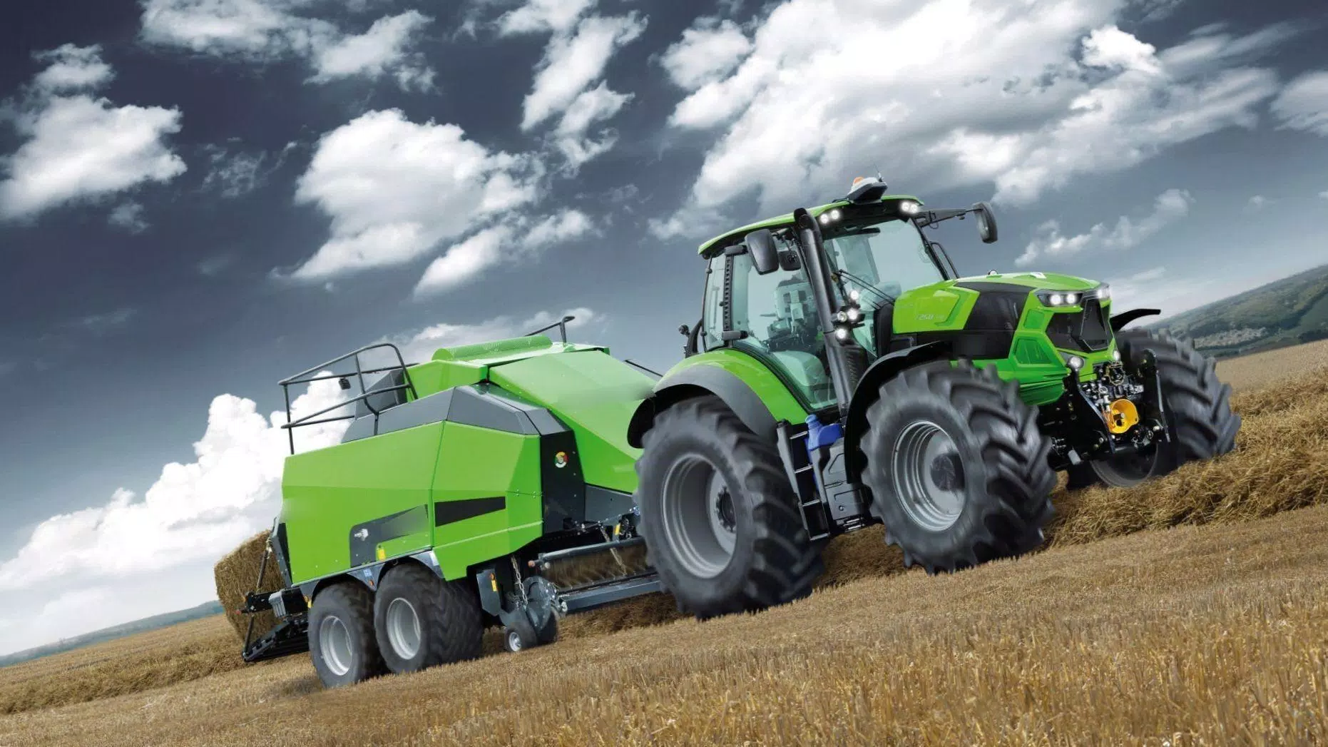 Deutz-Fahr, Traktor, Ballenpresse, Hang, Wolken, HD, Desktop-Hintergrund für Windows