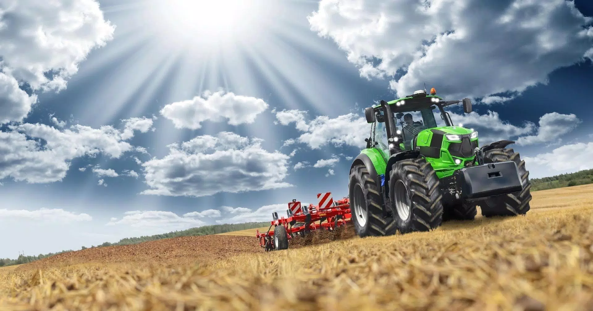 Deutz-Fahr, Traktor, Stoppelfeld, Sonnenstrahlen, Grubber, Full-HD-Hintergrundbild für PC