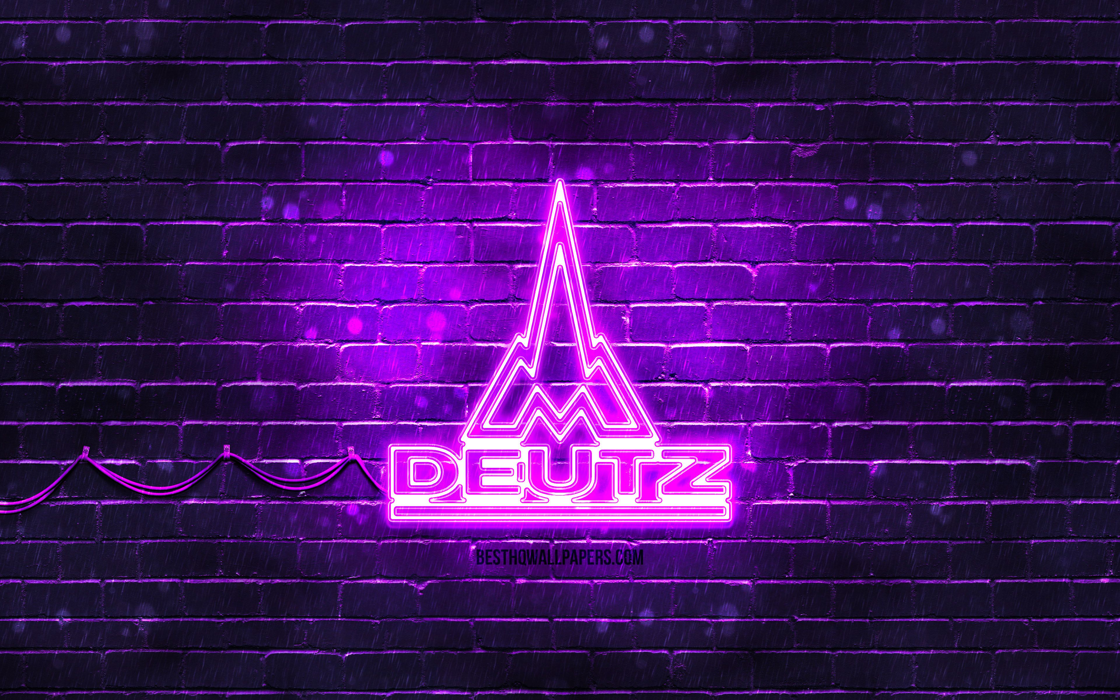 Deutz, Logo, Neon, Lila, Backsteinwand, 4K, Desktop-Hintergrund für Windows