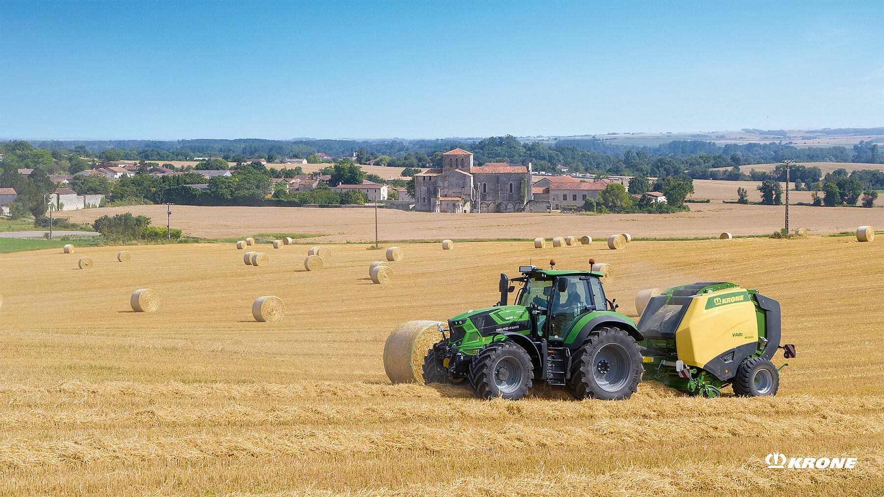 Deutz-Fahr, Traktor, Krone, Rundballenpresse, Strohballen, Stoppelfeld, HD, Desktop-Hintergrund