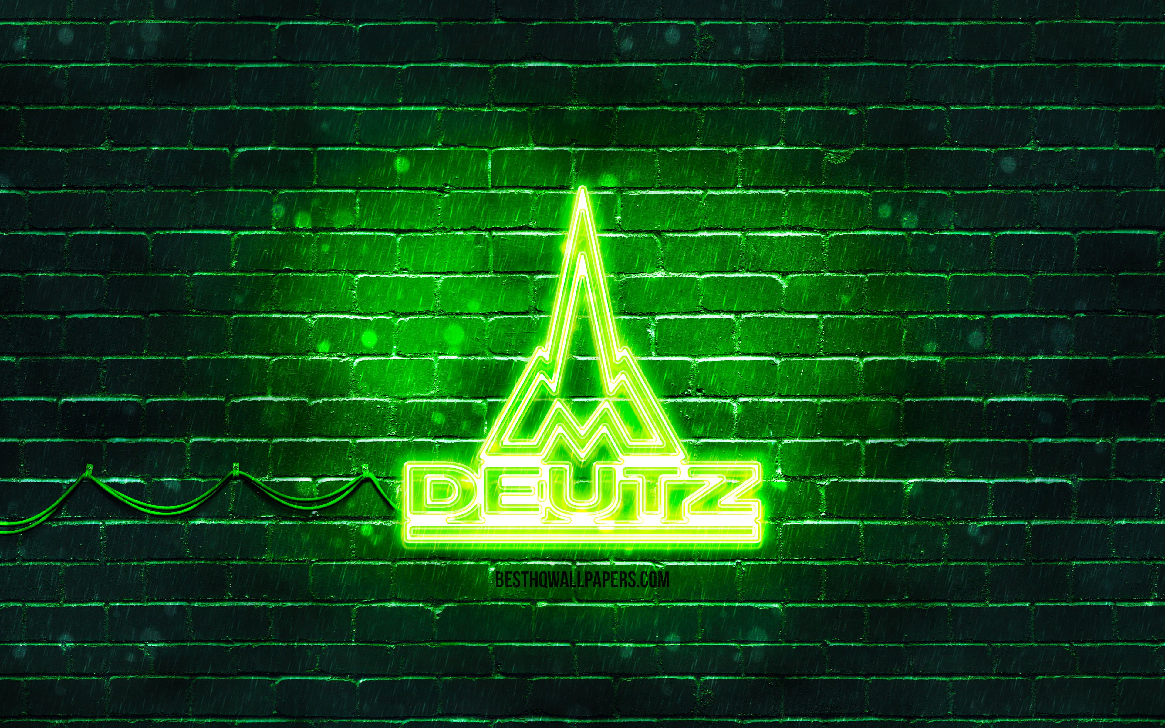 Deutz, Logo, Neon, Grün, Backsteinwand, 4K, Hintergrundbild für den PC