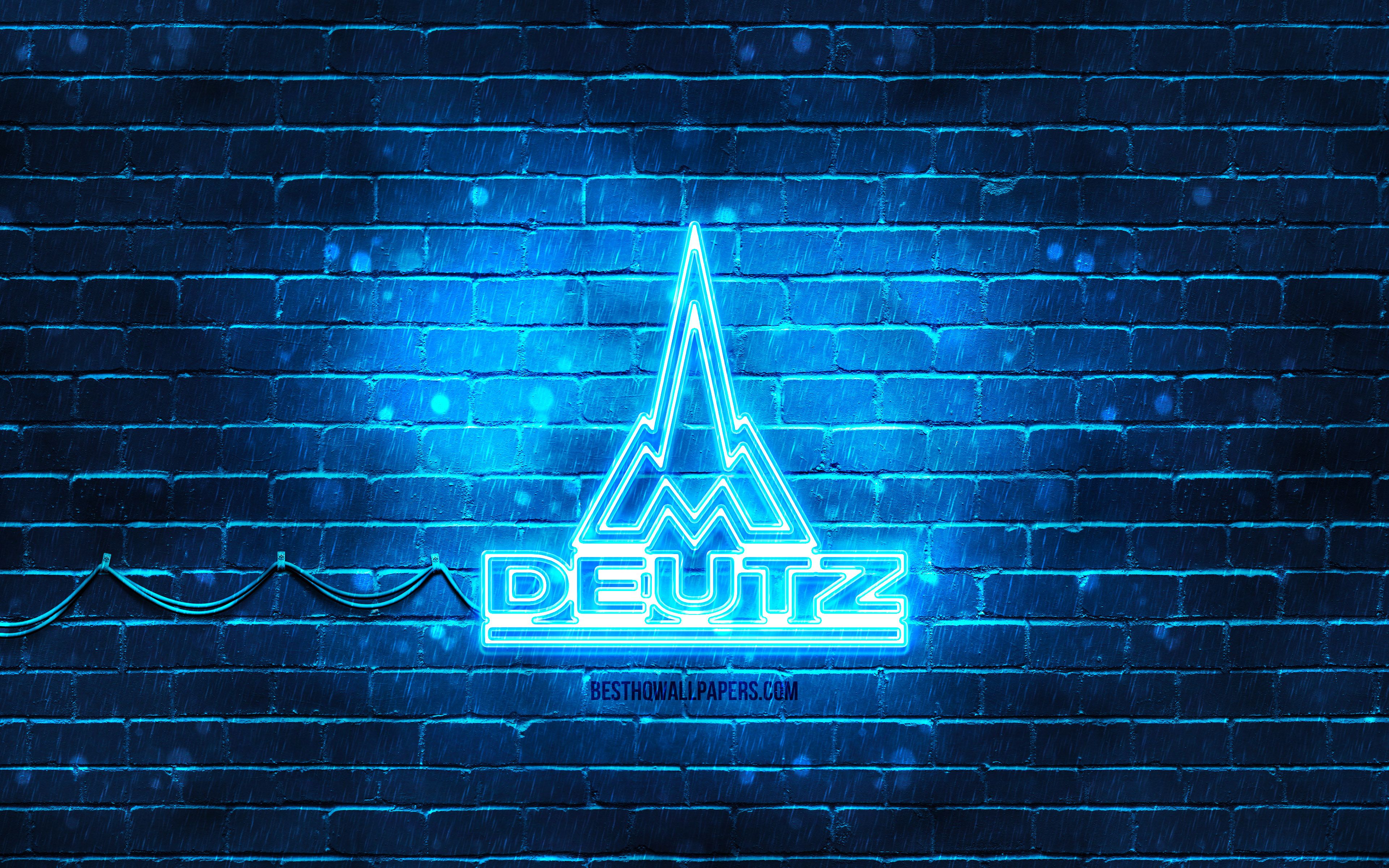 Deutz, Logo, Neon, Blau, Backsteinwand, 16:10, 4K-Hintergrundbild für den Desktop