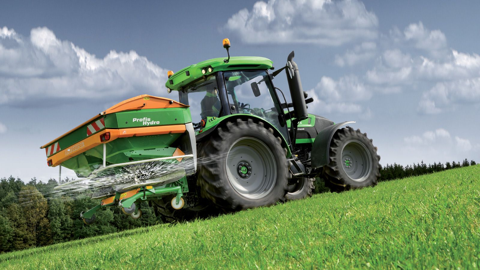 Deutz-Fahr, Traktor, Amazone, Düngerstreuer, Wiese, Wolken, HD, PC-Hintergrundbild