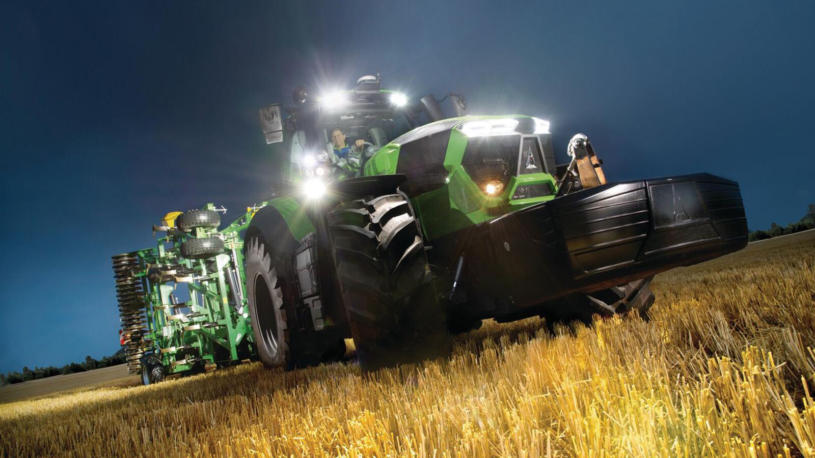 Deutz-Fahr, Traktor, Nachtarbeit, Scheinwerfer, Stoppelfeld, HD, Windows-Hintergrundbild