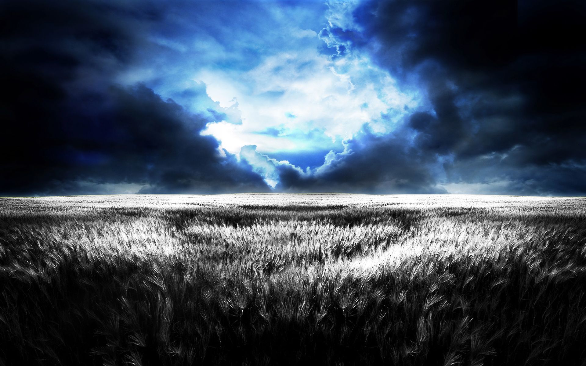 Gewitterwolken, Feld, Dramatischer Himmel, Blau, Schwarzweiß, Full-HD-Hintergrundbild für PC