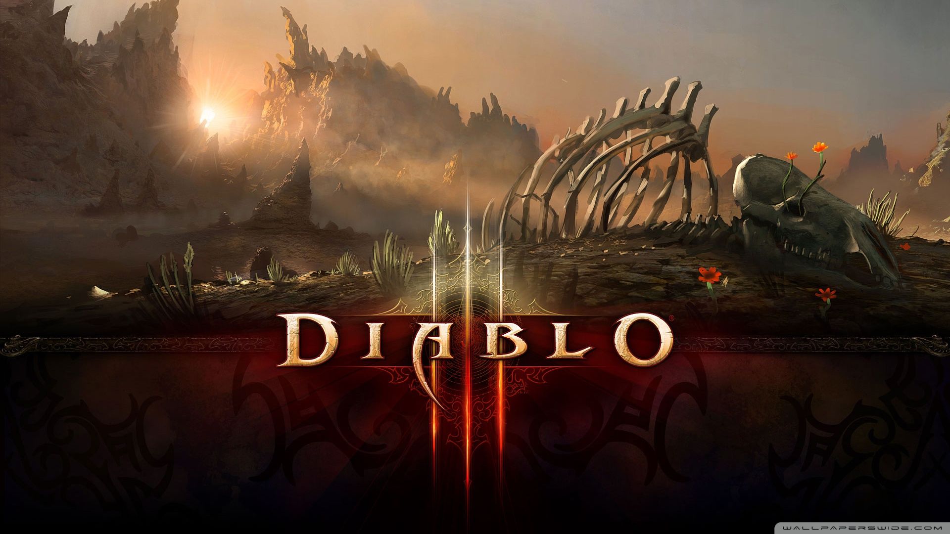 Diablo III, Logo, Skelett, Ödland, Sonnenuntergang, Full HD 1080p, Desktop-Hintergrundbild