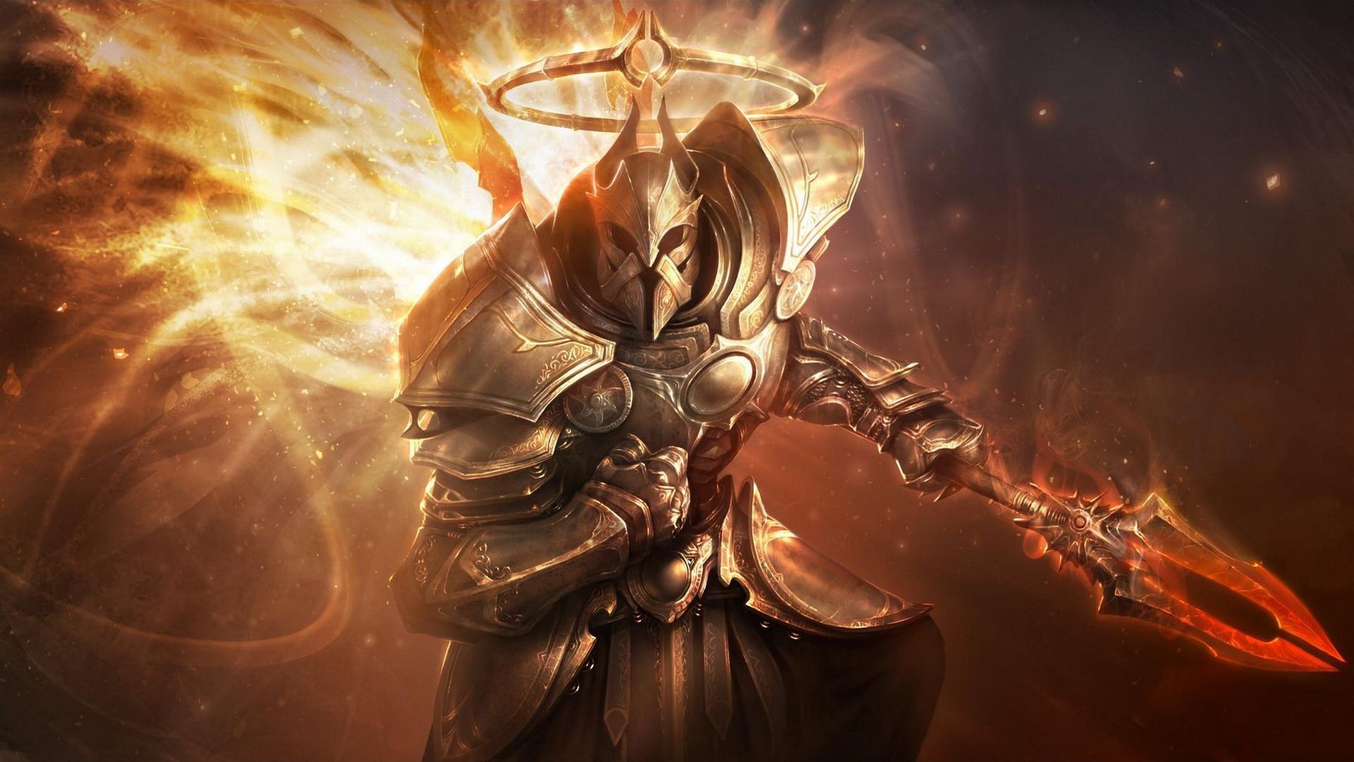 Imperius, Diablo III, Erzengel, Goldene Rüstung, Speer, Flammen, 1920x1080, Desktop-Hintergrund