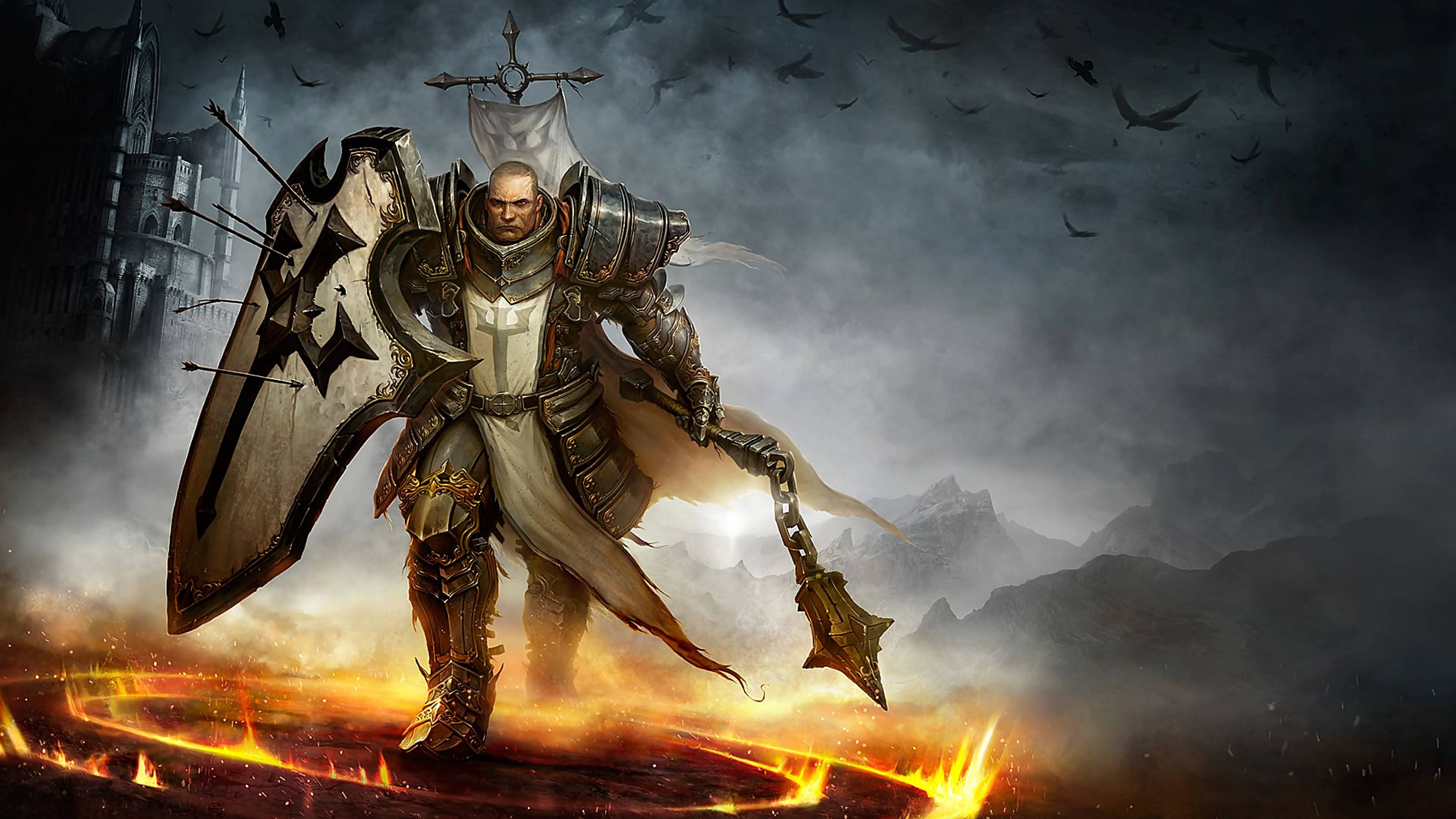 Diablo III: Reaper of Souls, Kreuzritter, Schild, Flegel, Feuerring, 4K, Laptop-Hintergrundbild
