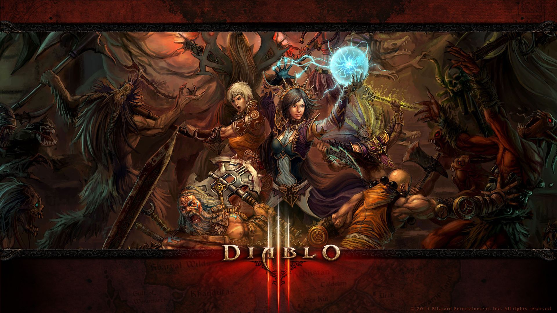 Diablo III, Heldenklassen, Zauberin, Mönch, Logo, 16:9, Full-HD-Hintergrundbild für den Desktop