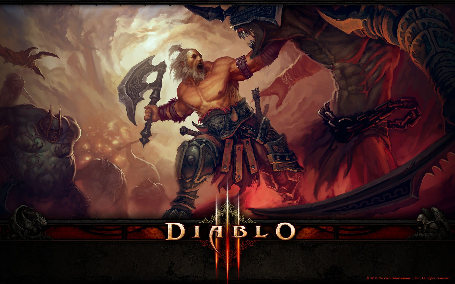Diablo III, Barbar, Axt, Kampf, Dämonen, Logo, 16:10, Full-HD-Hintergrundbild für den Desktop