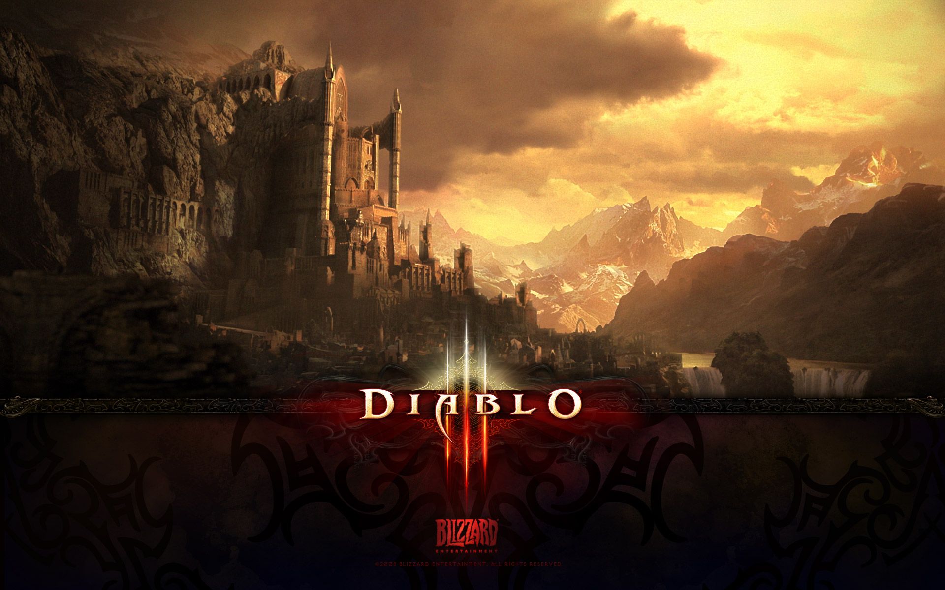 Diablo III, Logo, Burgruine, Gebirge, Sonnenuntergang, Full HD, Desktop-Hintergrund für Windows