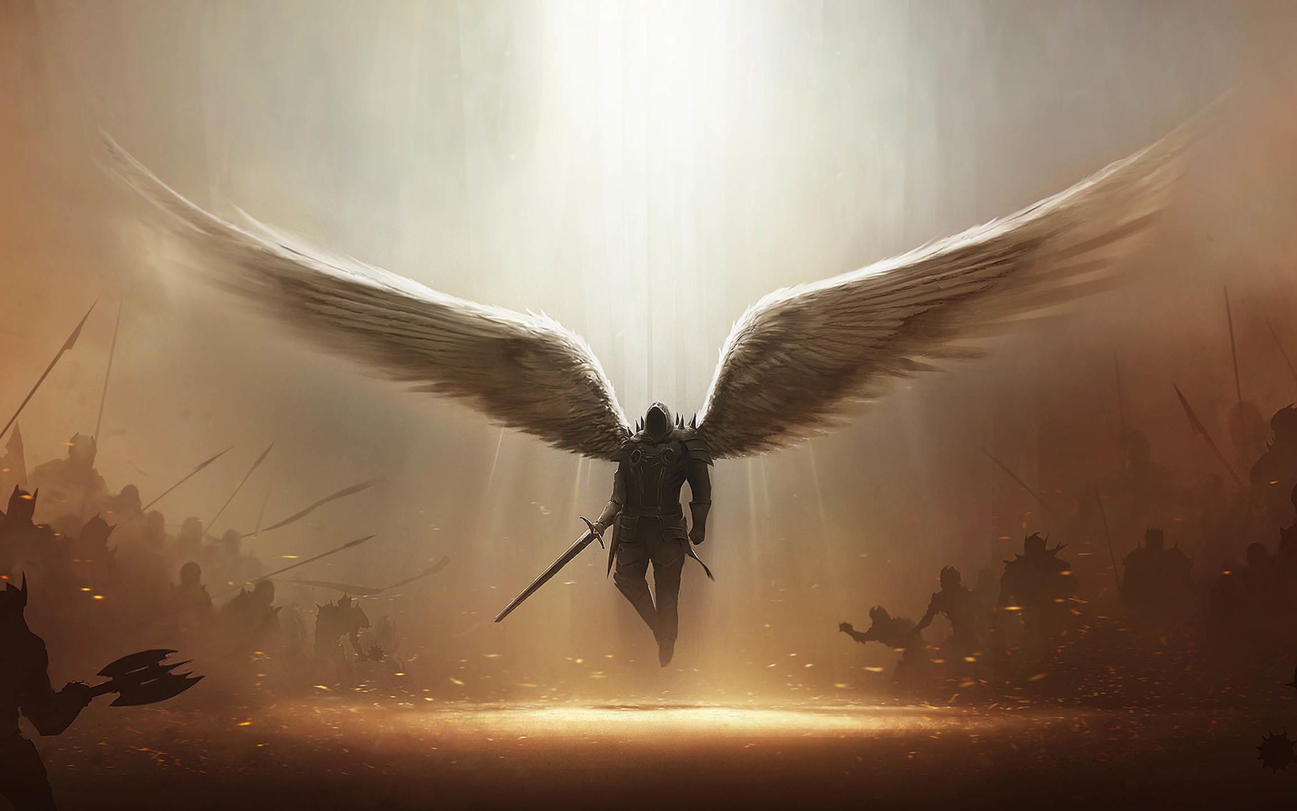 Tyrael, Diablo III, Engel, Flügel, Schwert, Schlachtfeld, 2K, Breitbild-Hintergrundbild