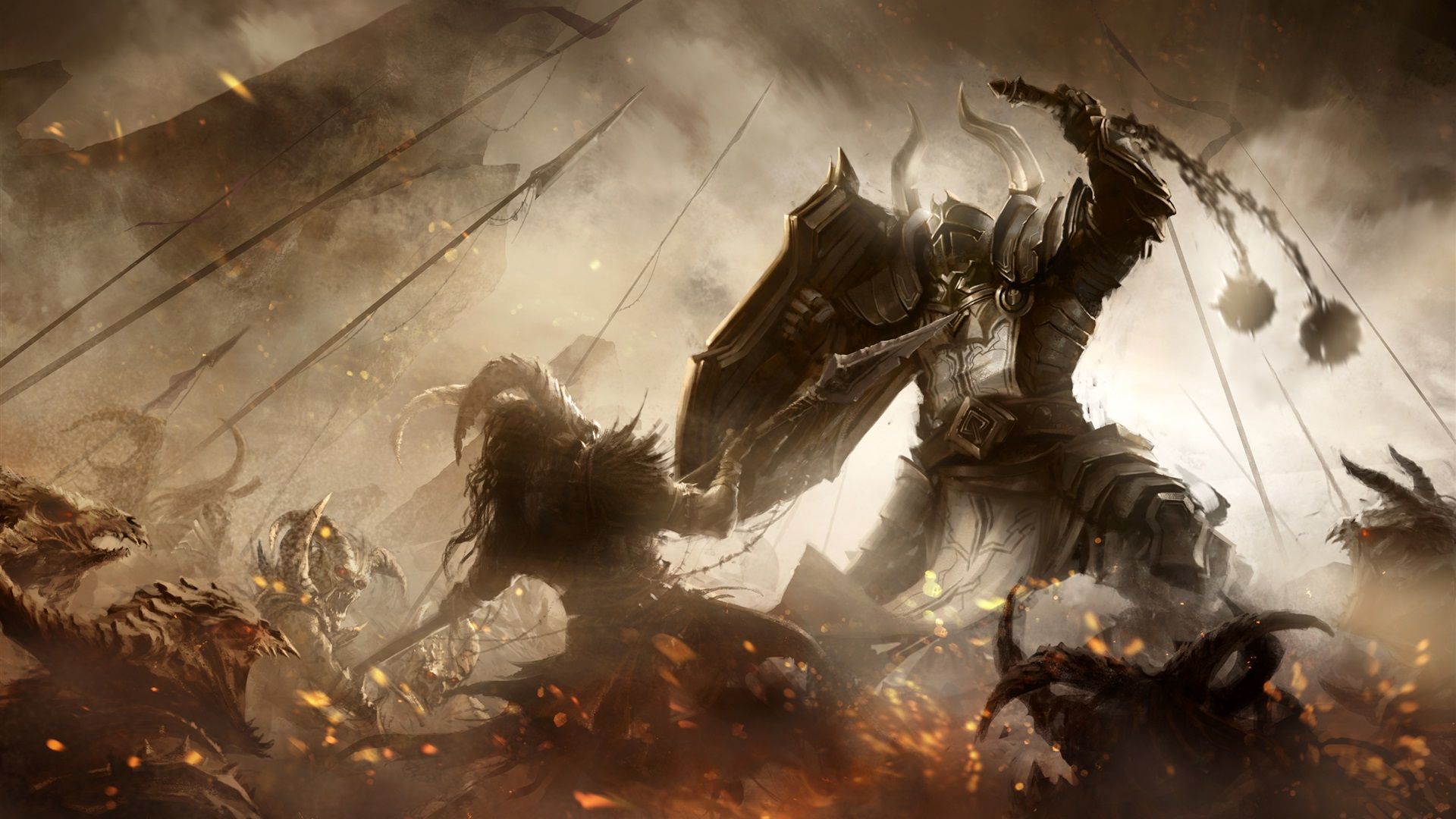 Diablo III: Reaper of Souls, Kreuzritter, Schlacht, Dämonen, Sepia, Konzeptkunst, Full-HD-Hintergrund