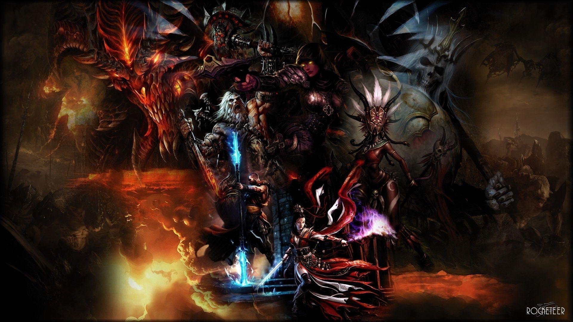Diablo III, Dämonen, Thron, Symmetrie, Feuer, 16:9, Full-HD-Hintergrundbild für den Desktop