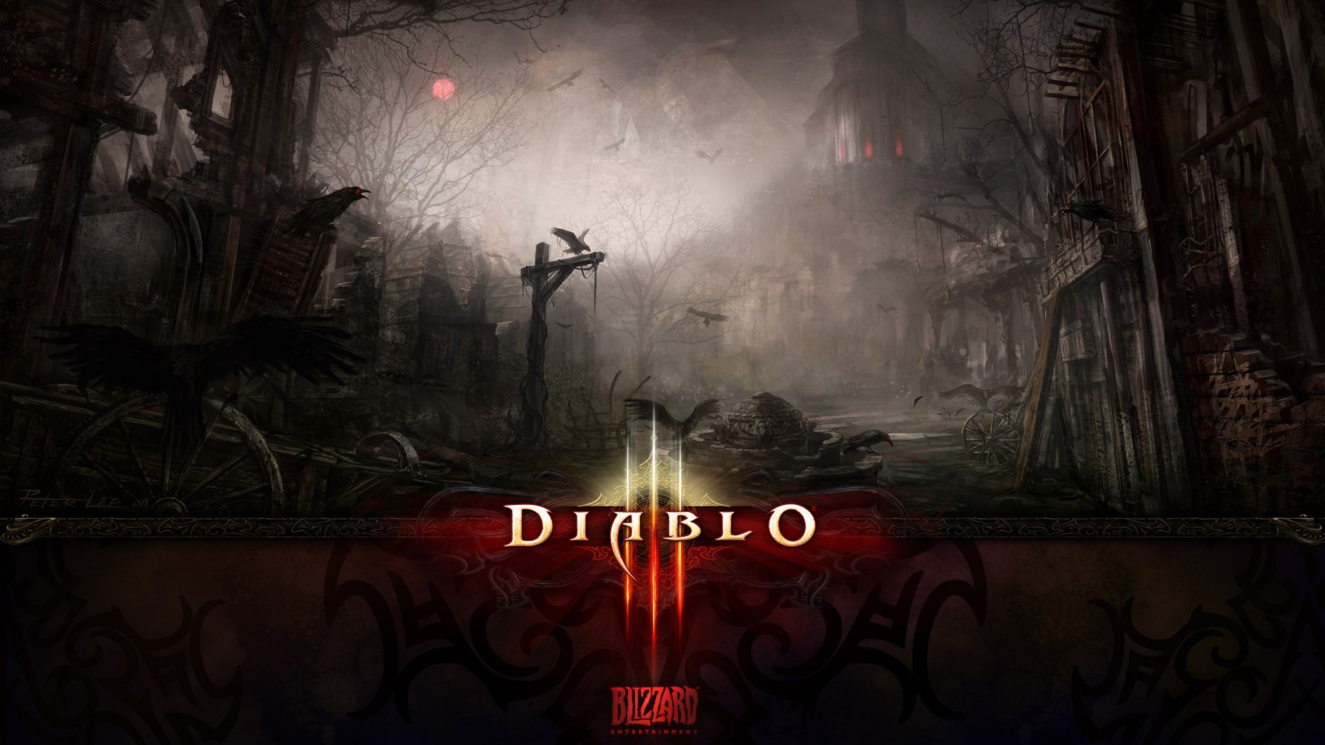 Diablo III, Logo, Ruinen, Düstere Landschaft, Nebel, 16:9, Full-HD-Hintergrundbild für den Desktop