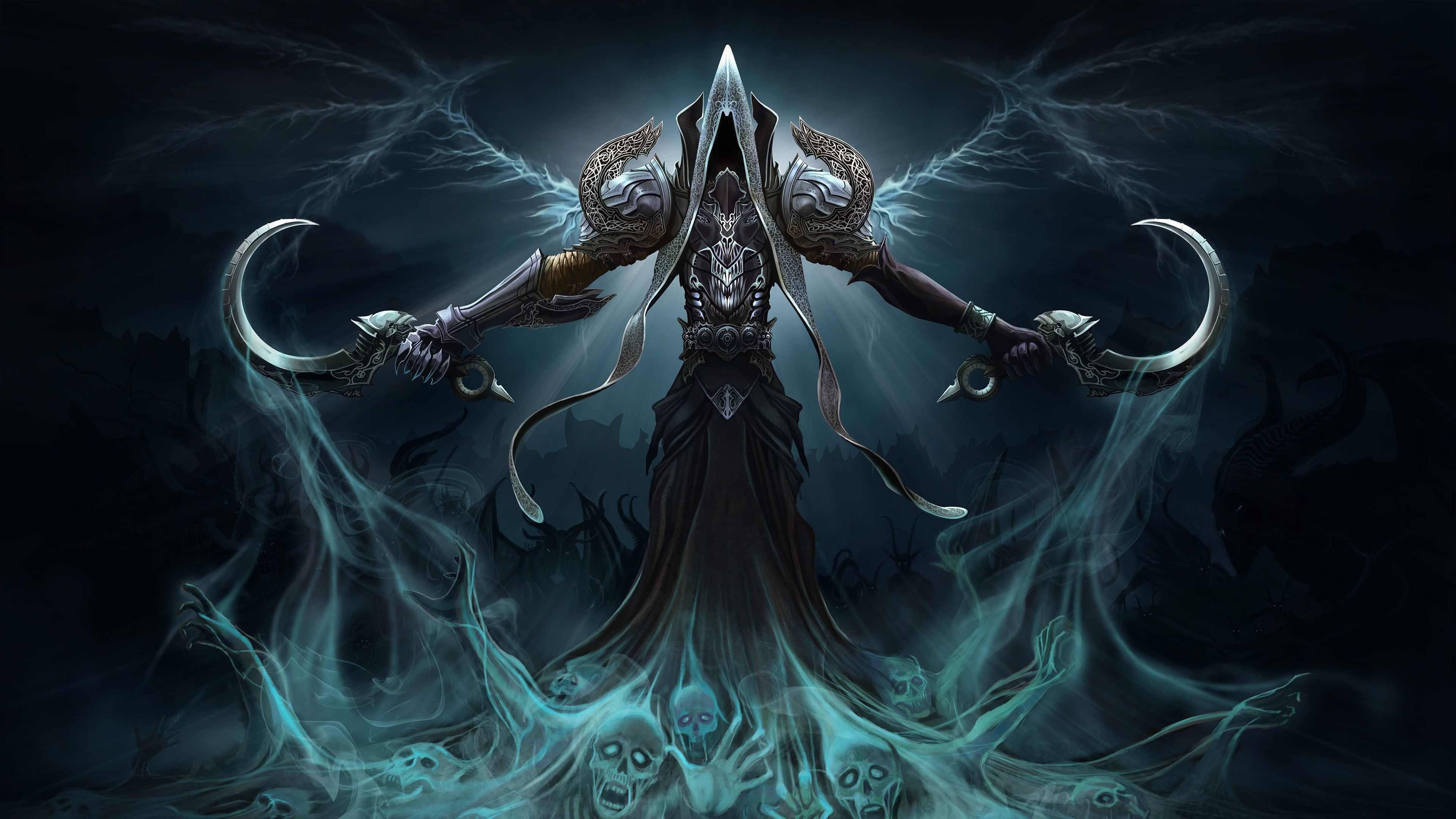 Malthael, Diablo III: Reaper of Souls, Sensen, Türkiser Nebel, Totenköpfe, 4K, Windows-Hintergrundbild
