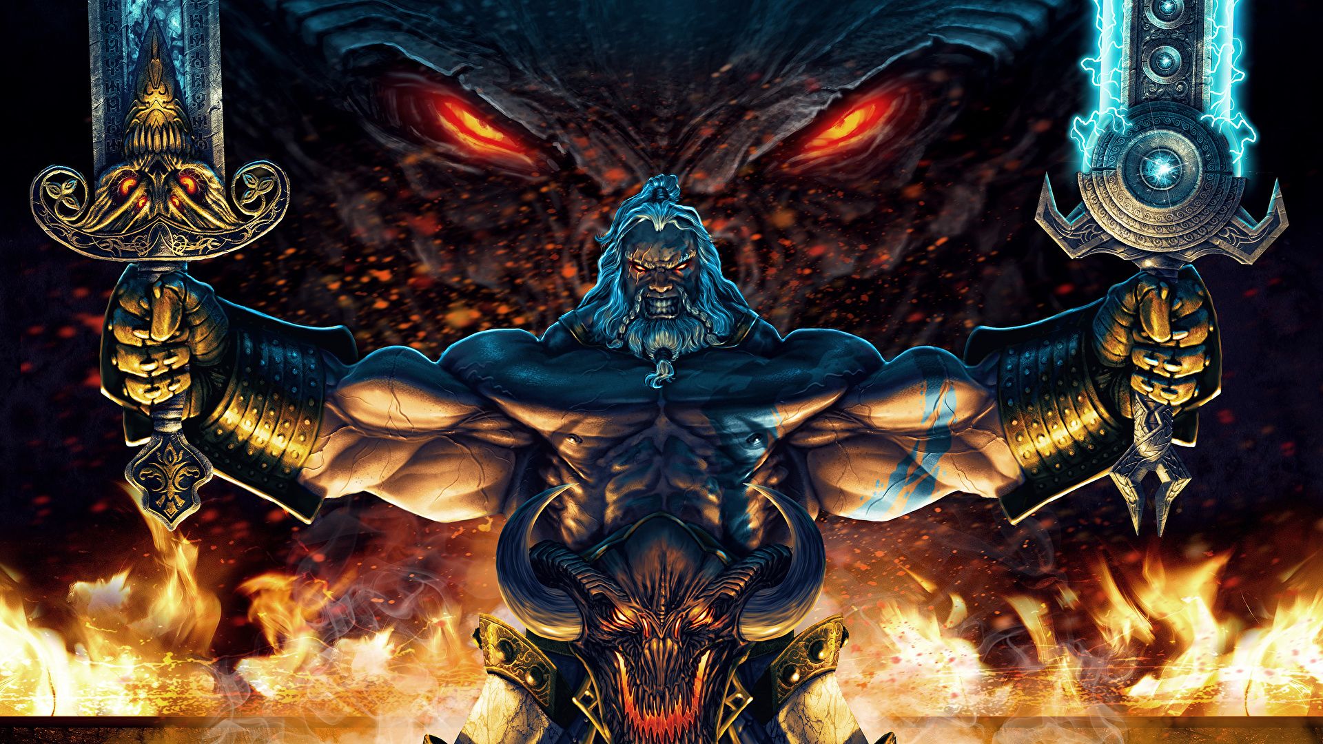 Diablo III, Dämon, Schwerter, Flammen, Glühende Augen, 16:9, Full-HD-Hintergrundbild für den Desktop
