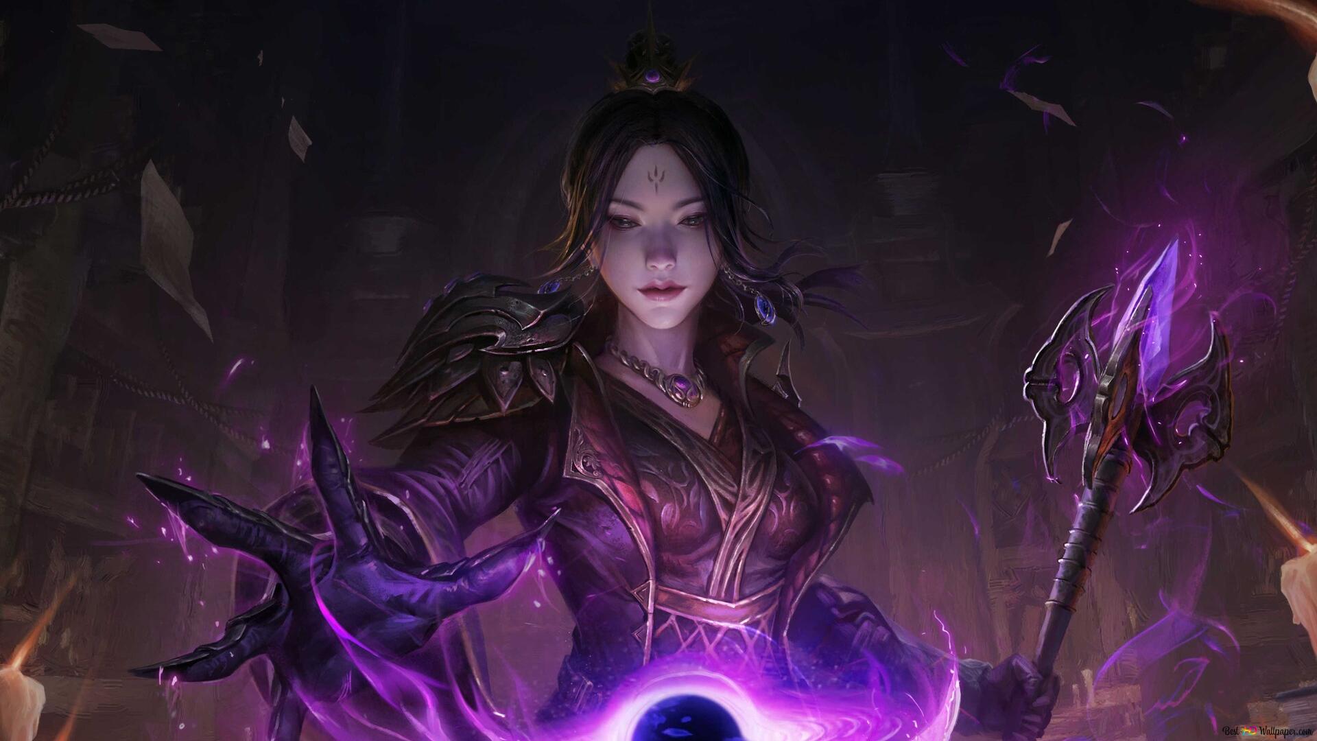 Diablo III, Zauberin, Magie, Lila Licht, Fantasy-Frau, Full HD, Desktop-Hintergrund für Windows