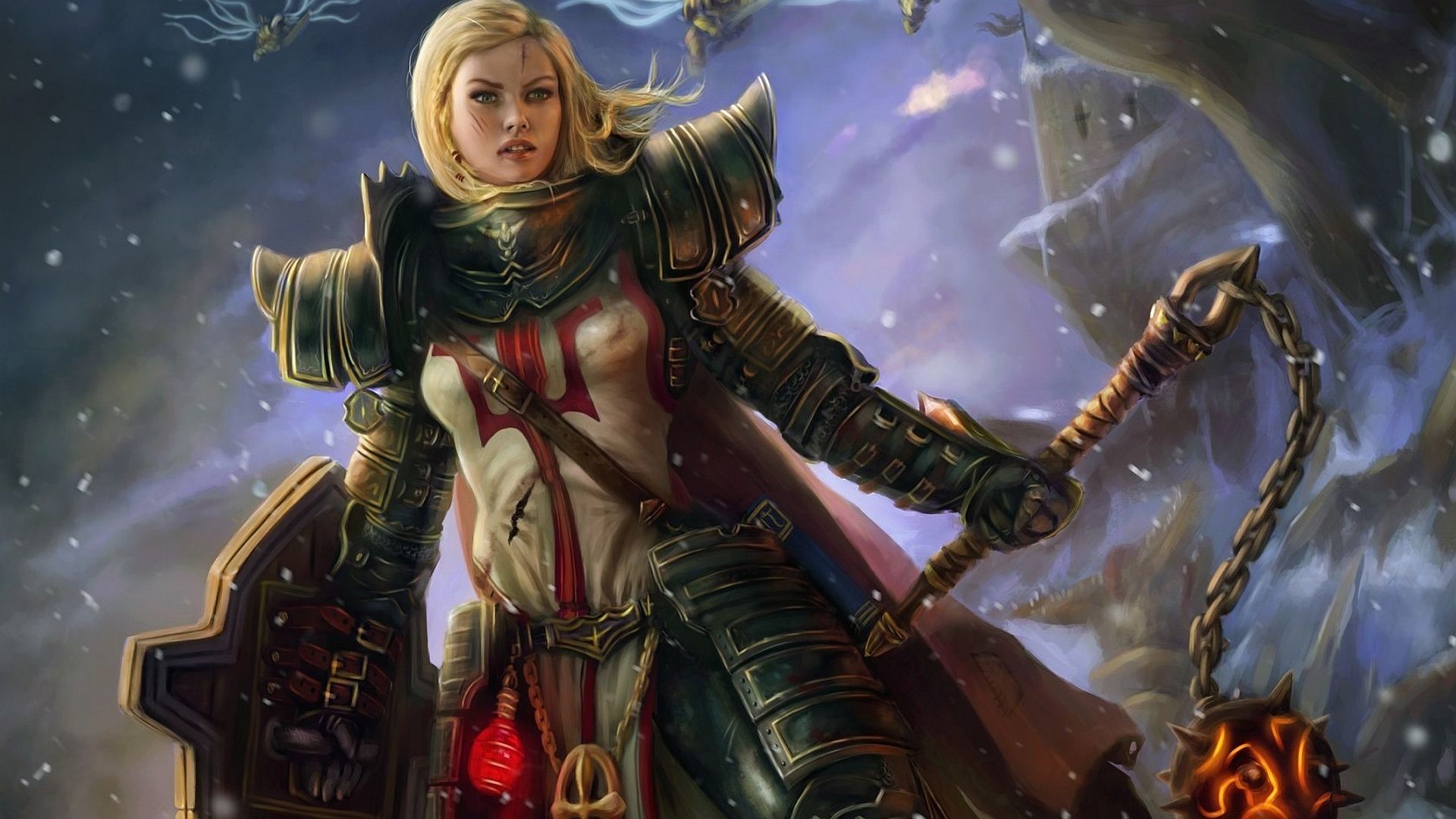 Diablo III: Reaper of Souls, Kreuzritterin, Flegel, Schild, Blonde Frau, 1920x1080, PC-Hintergrundbild
