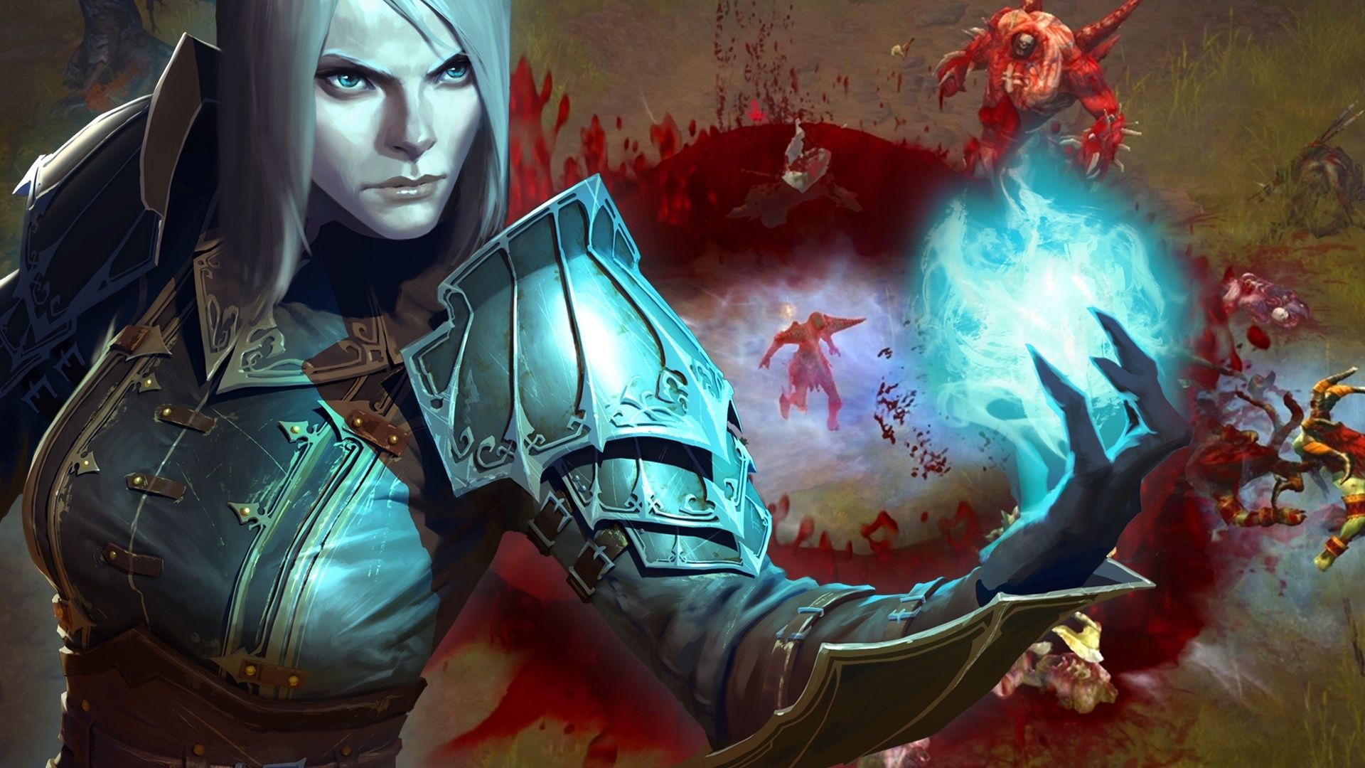 Diablo III: Reaper of Souls, Totenbeschwörerin, Magie, Blut, Weiße Haare, Full HD, PC-Hintergrundbild