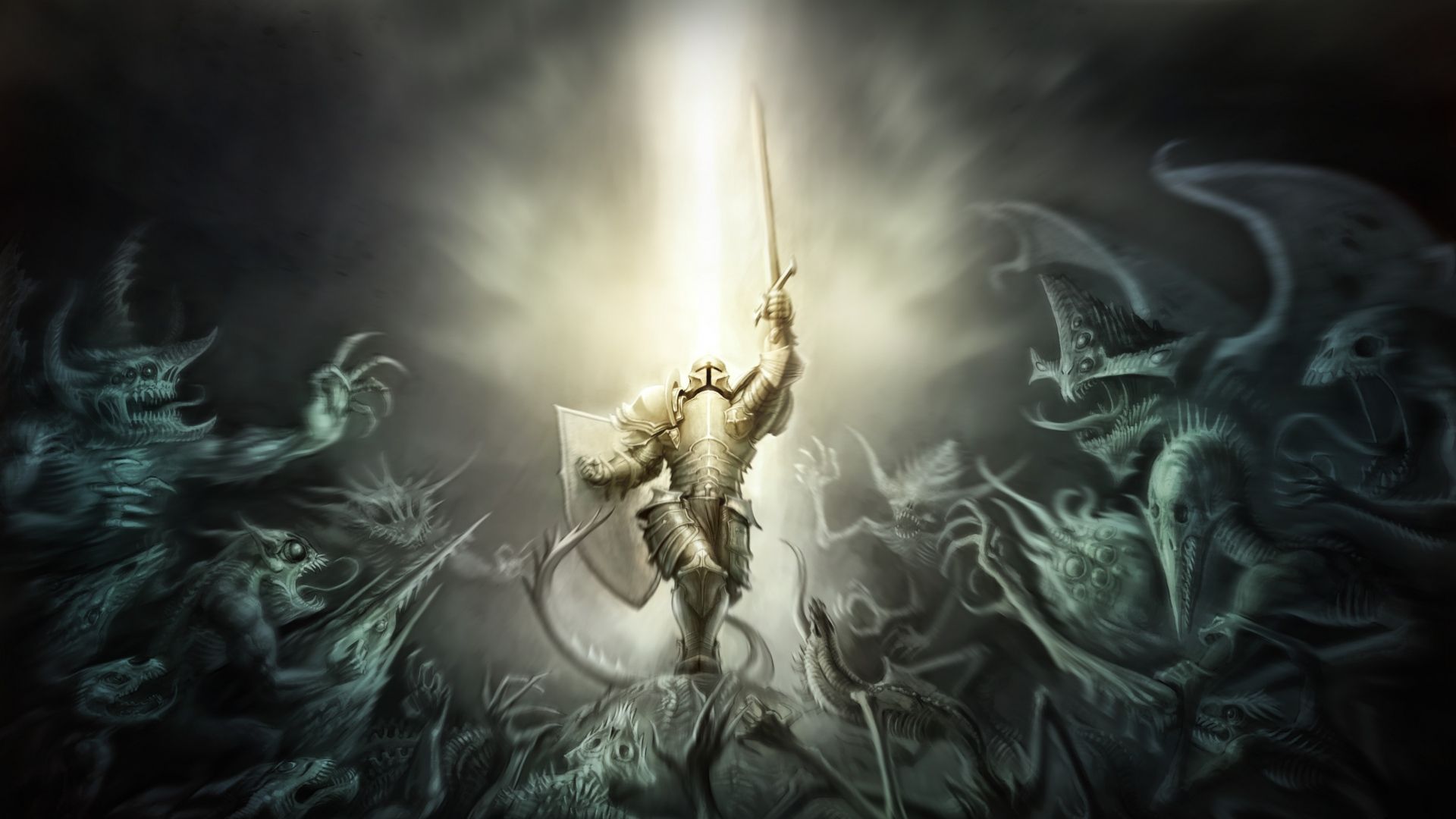 Tyrael, Diablo III, Schwert, Lichtstrahl, Geister, 16:9, Full-HD-Hintergrundbild für den Desktop