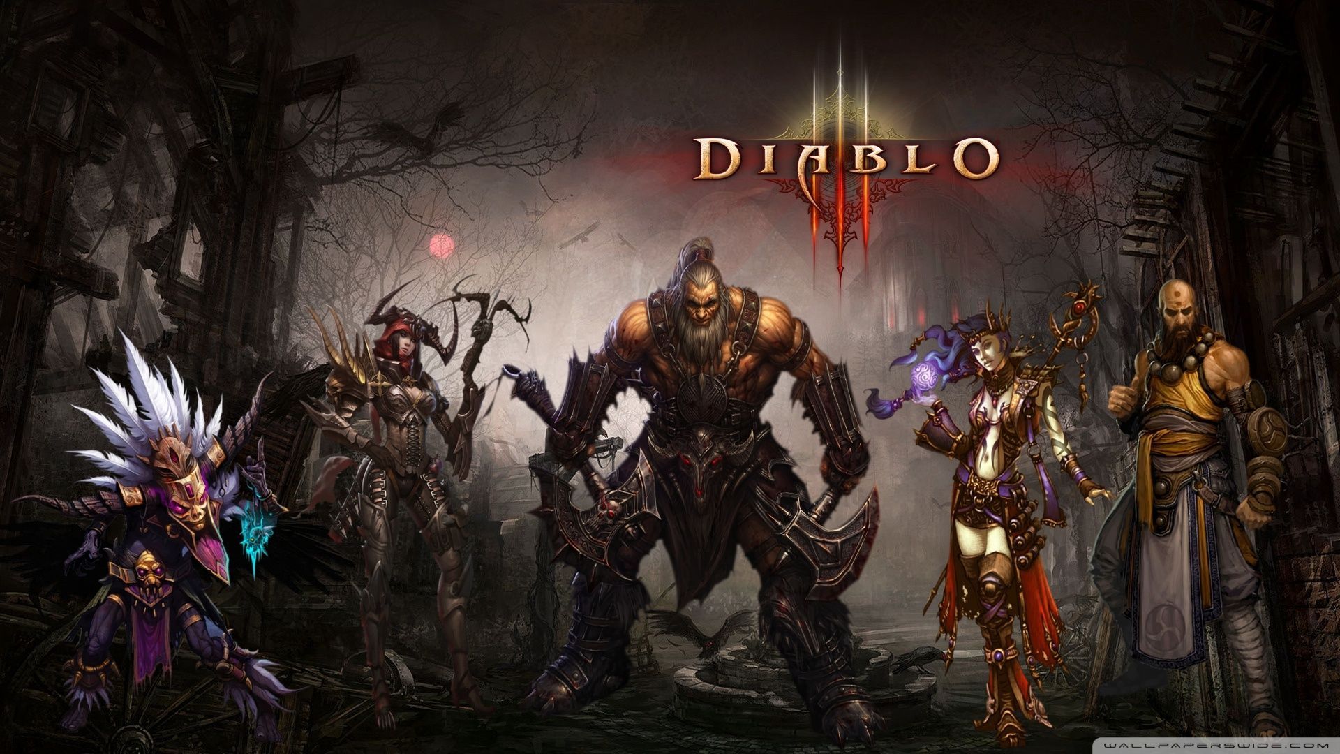 Diablo III, Heldenklassen, Hexendoktor, Barbar, Dämonenjägerin, Logo, Full HD, Desktop-Hintergrund