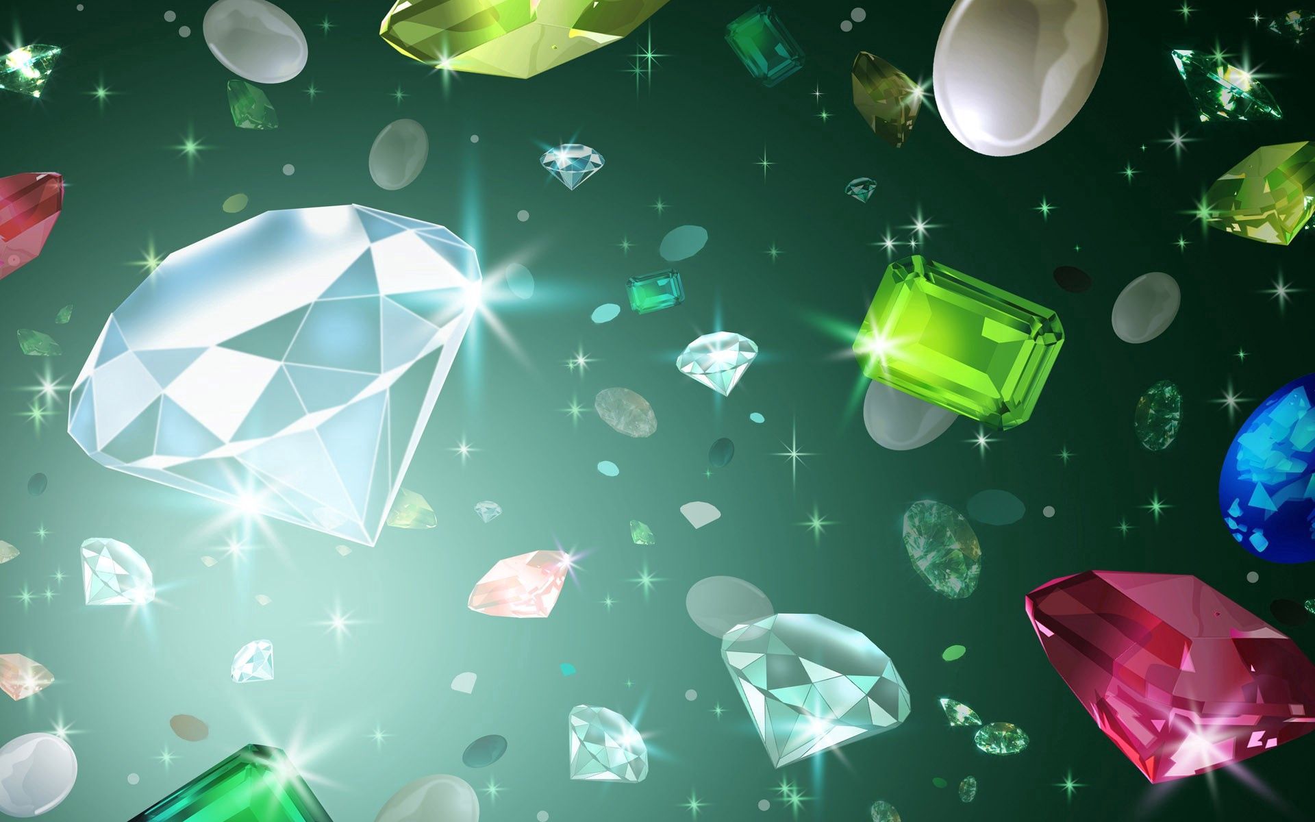 Edelsteine, Diamant, Smaragd, Rubin, Grüner Hintergrund, Full HD Wallpaper