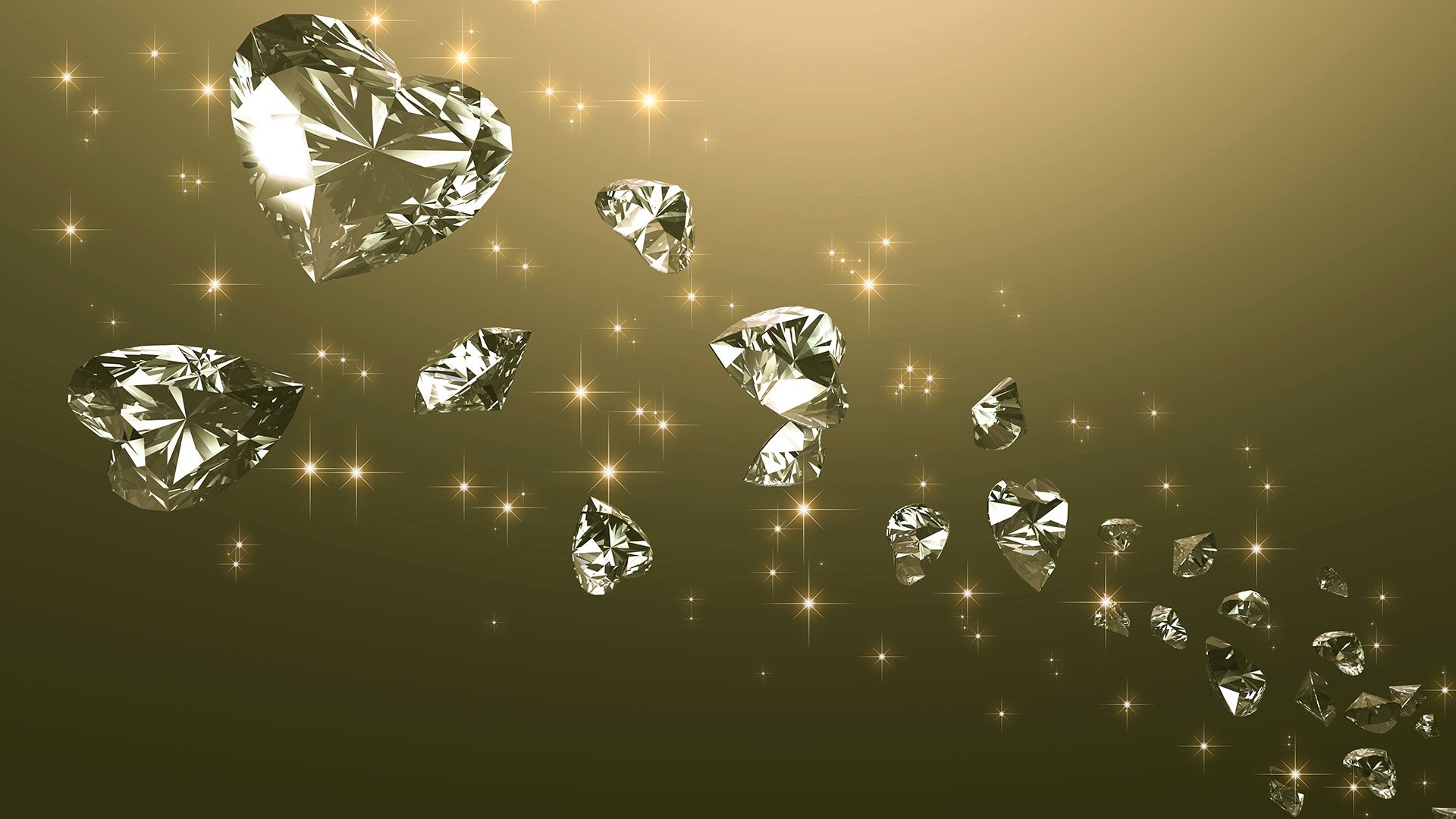 Diamantherzen, Herzen, Gold, Sterne, Glitzer, Full HD, Desktop-Hintergrund für Windows