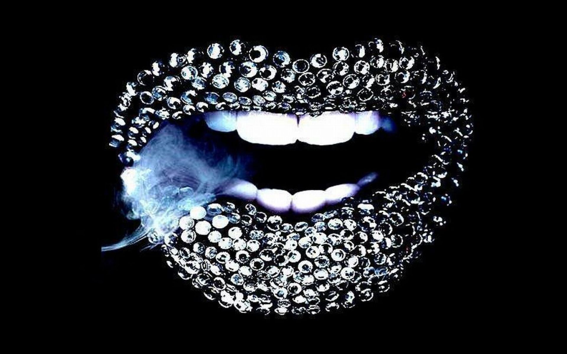 Lippen, Strass, Mund, Zähne, Schwarzer Hintergrund, Full HD Wallpaper