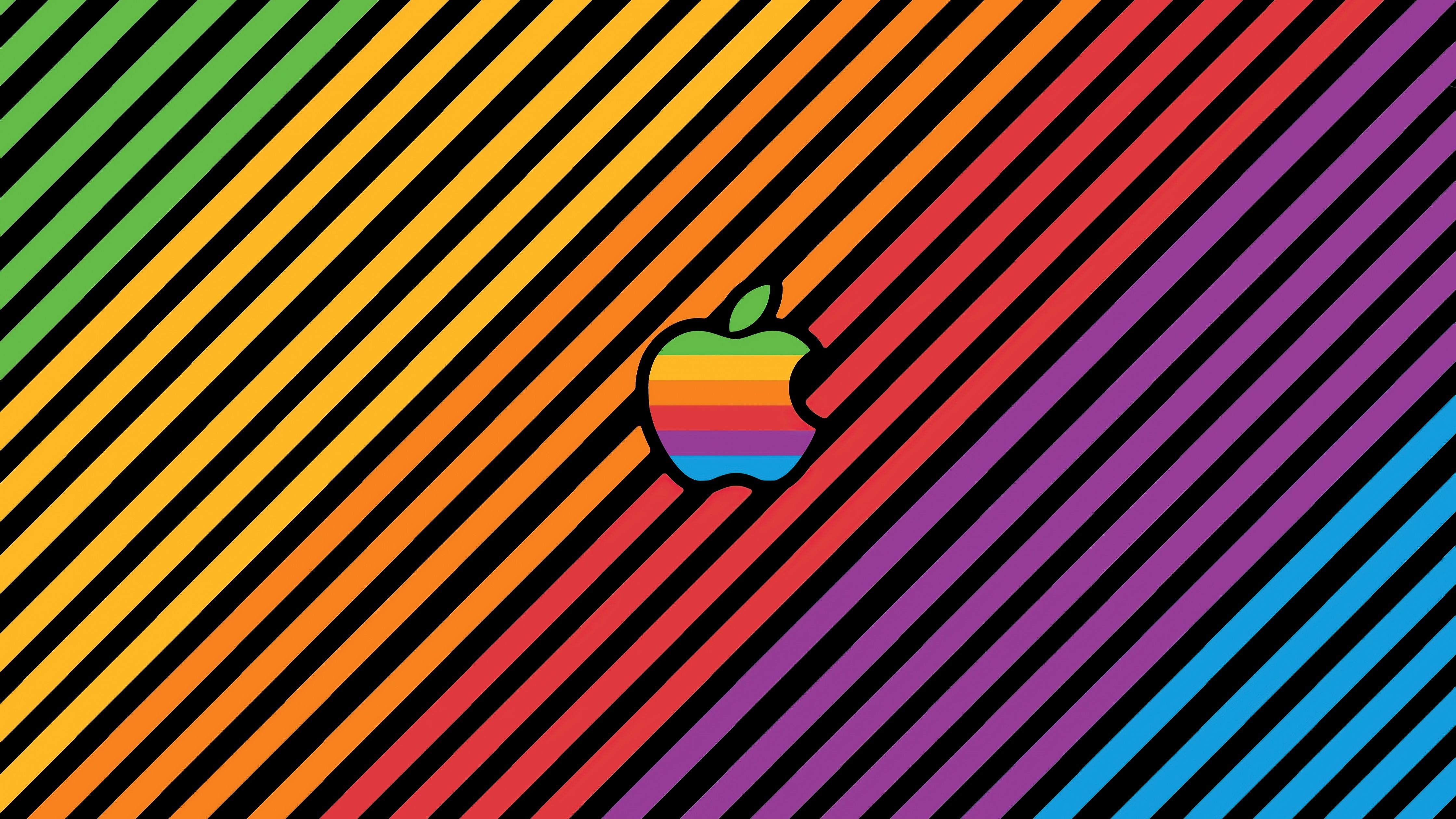 Apple-Logo, Regenbogenfarben, Diagonale Streifen, Retro, Bunt, 4K, Desktop-Hintergrund