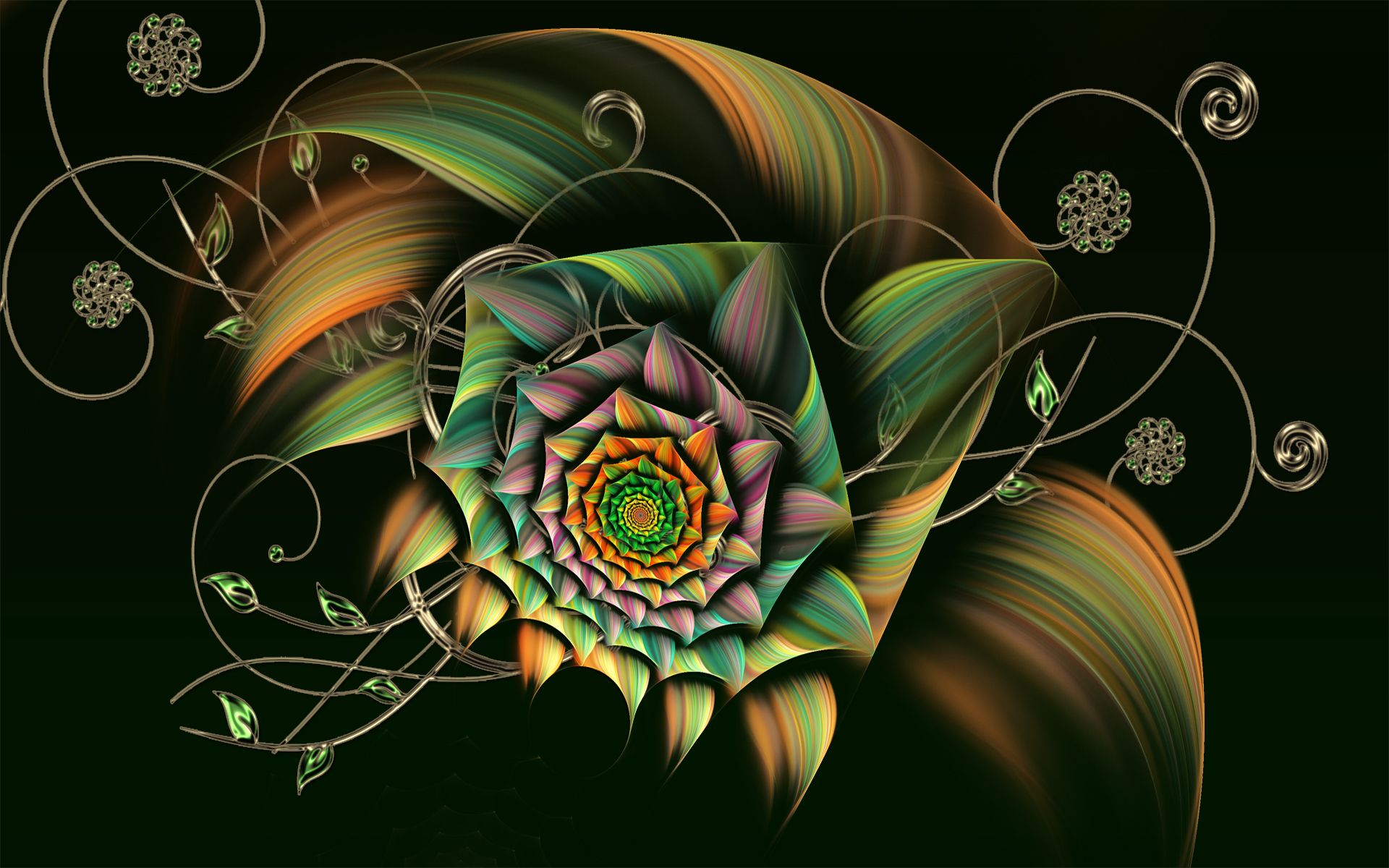 Fraktal, Blüte, Ornament, Grün, Digitale Kunst, 16:10, Full-HD-Hintergrundbild für den Desktop