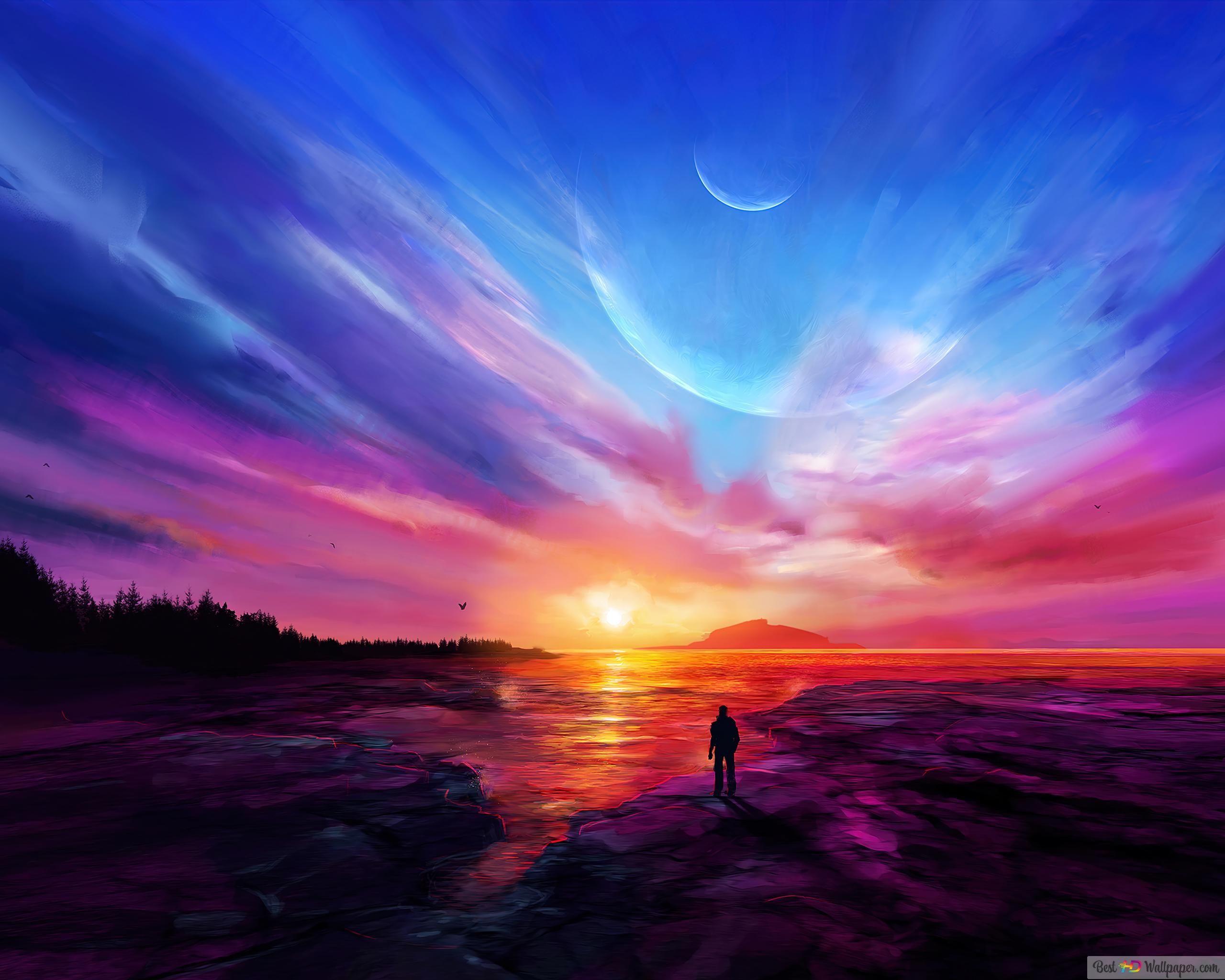 Sonnenuntergang, Silhouette, Bunter Himmel, Digitale Kunst, Mond, 2K, Windows-Hintergrundbild