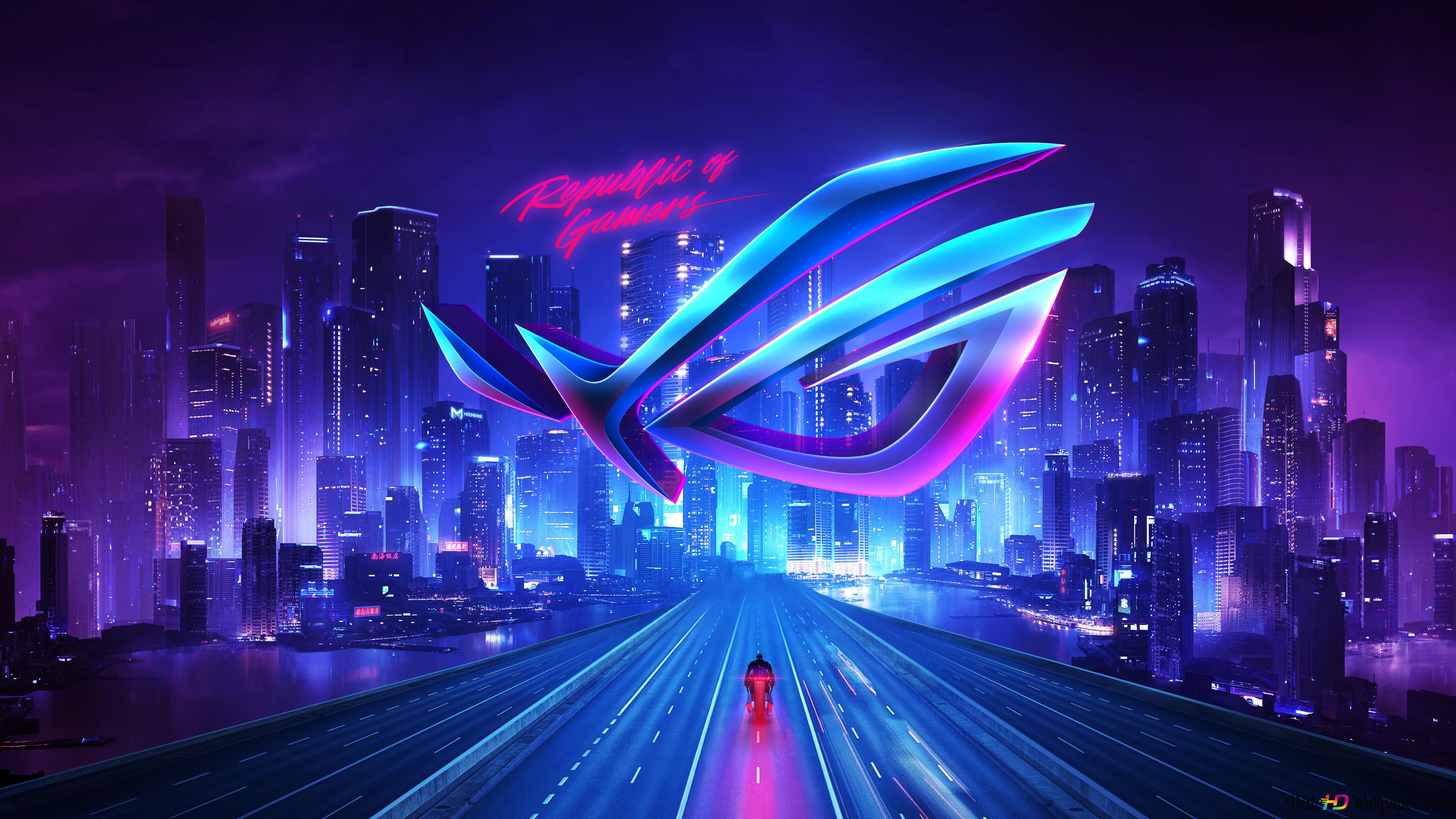 ASUS ROG, Logo, Cyberpunk-Stadt, Neon, Synthwave, 2K, Hintergrundbild für den PC