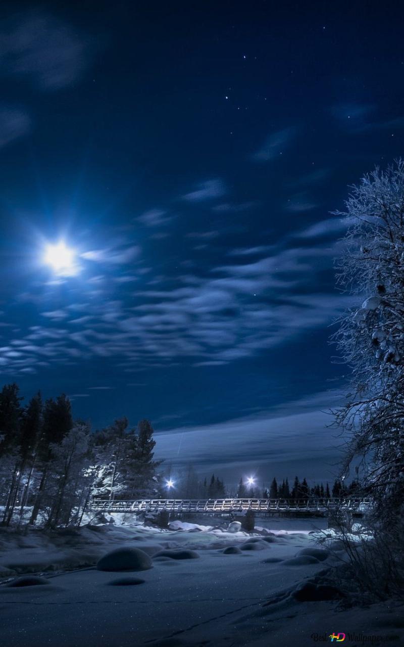 Winternacht, Mond, Verschneite Bäume, Fluss, Hochformat, HD, Handy-Hintergrundbild