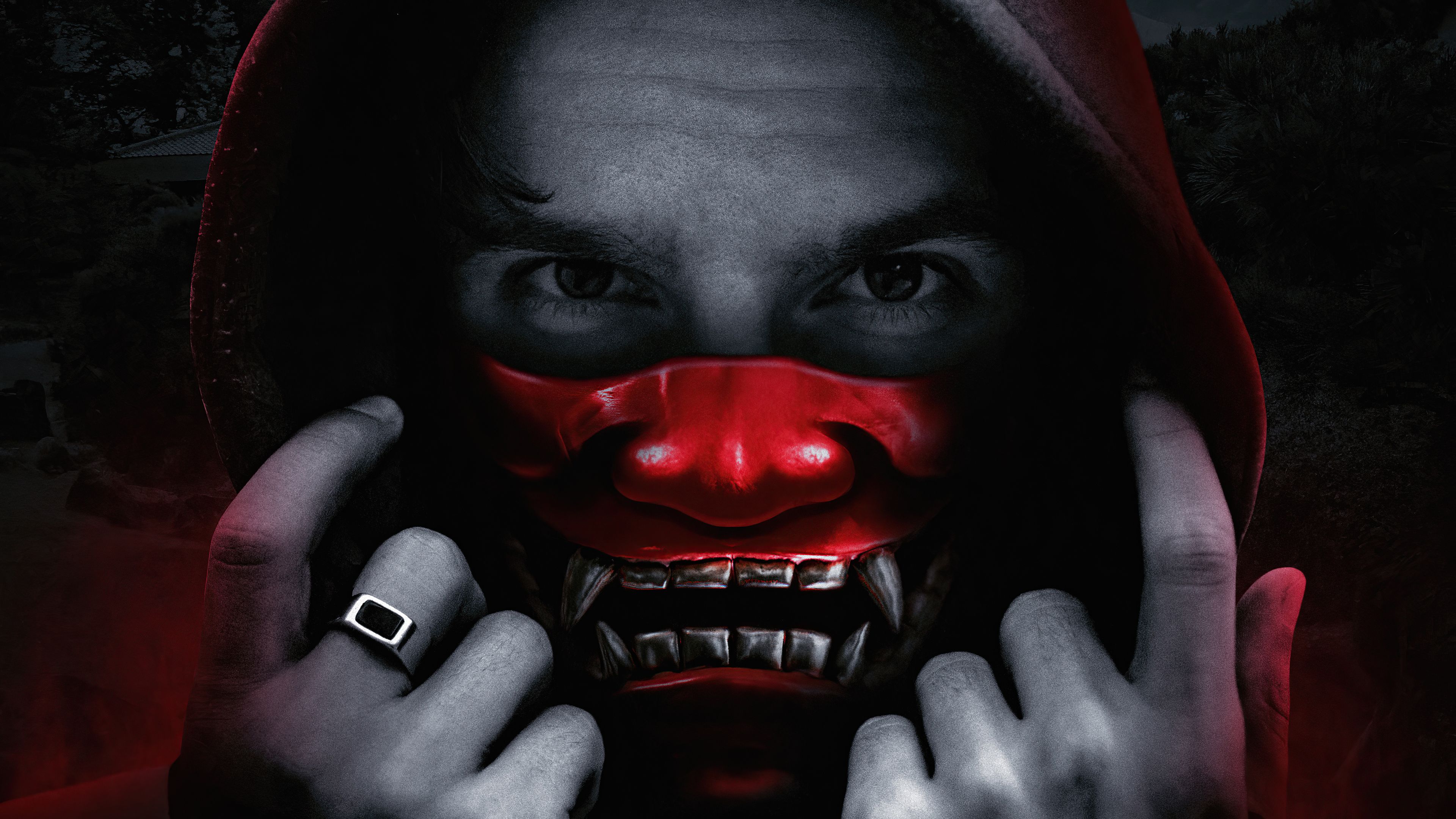 Oni-Maske, Kapuze, Mann, Rot, Düster, 16:9, 4K-Hintergrundbild für den Desktop