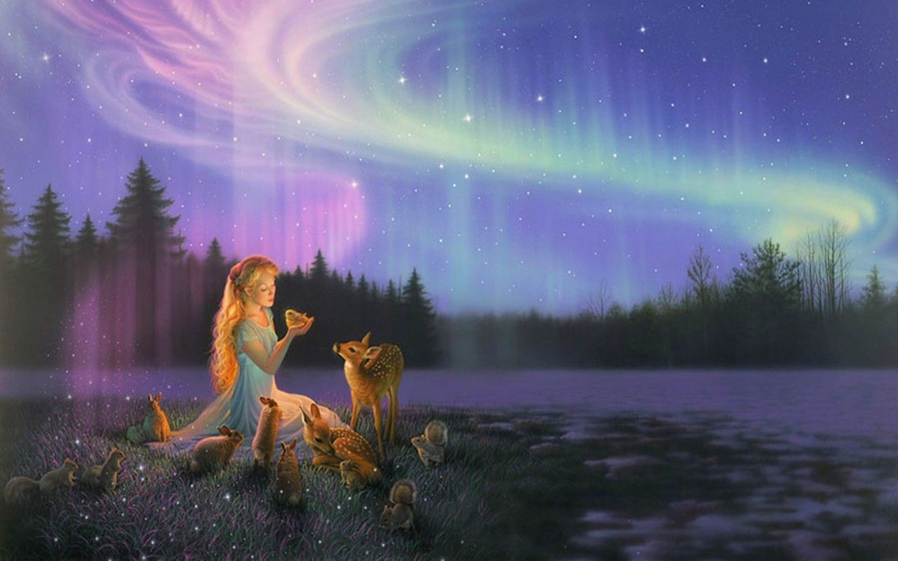 Polarlicht, Mädchen, Fuchs, Wald, Fantasy, Nacht, 16:10, HD-Hintergrundbild für den Desktop