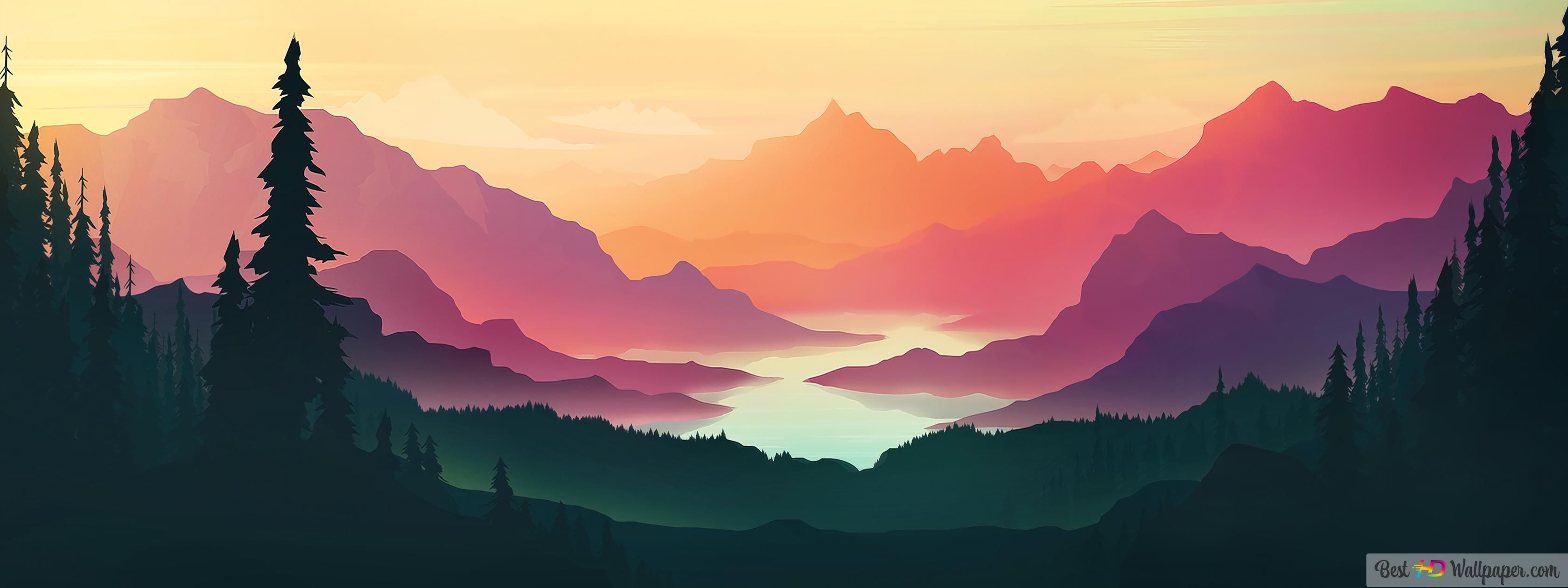 Berge, Wald, See, Flat Design, Sonnenuntergang, 2K, Hintergrundbild für den PC