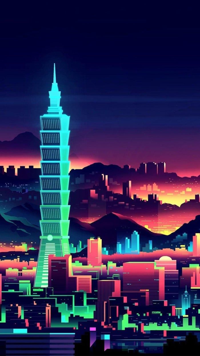 Taipei 101, Taipeh, Skyline, Neon, Synthwave, Hochformat, Hintergrundbild fürs Handy