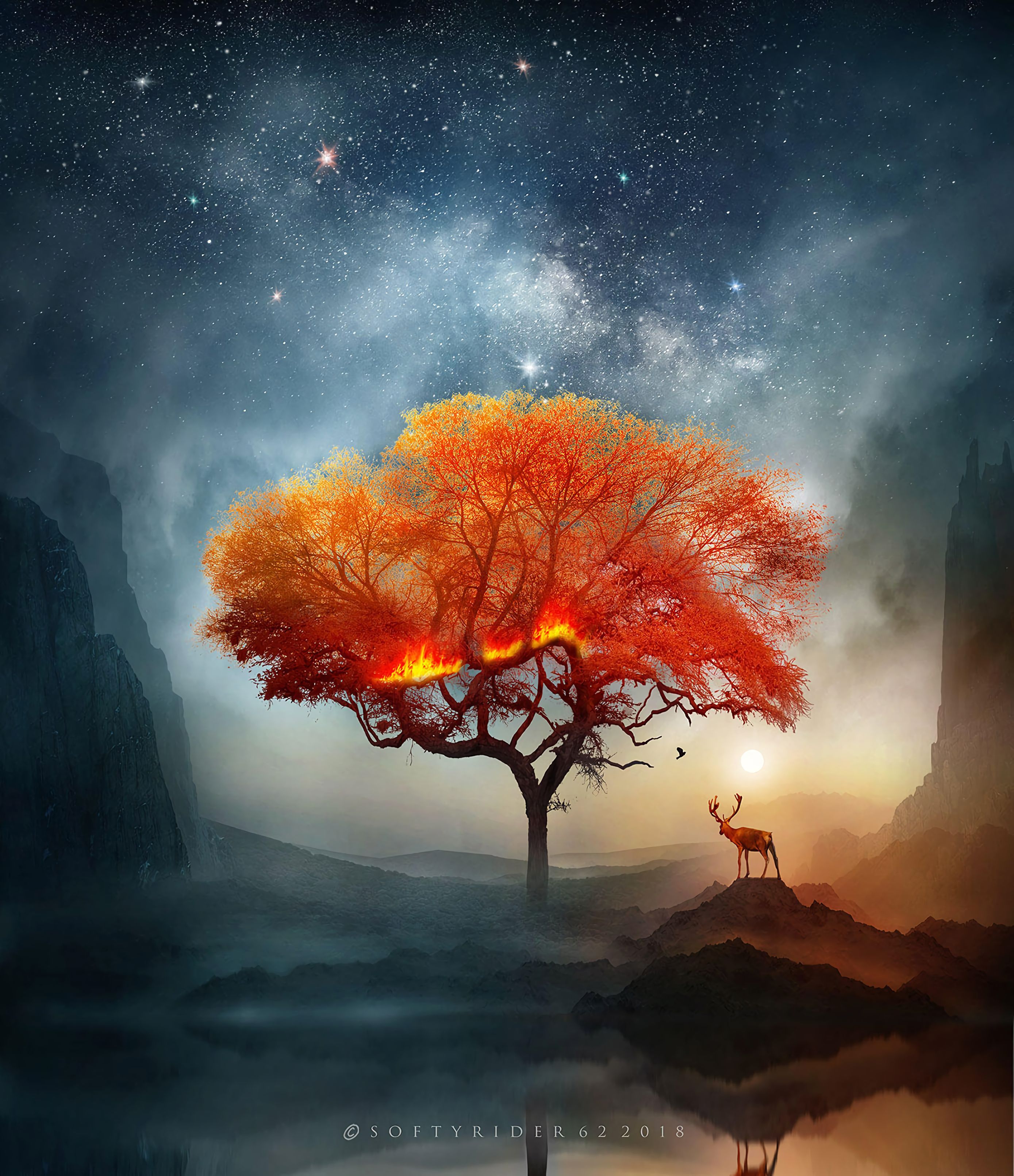 Roter Baum, Hirsch, Sternenhimmel, Fantasy, Digitale Kunst, Surreal, Hintergrundbild fürs iPad