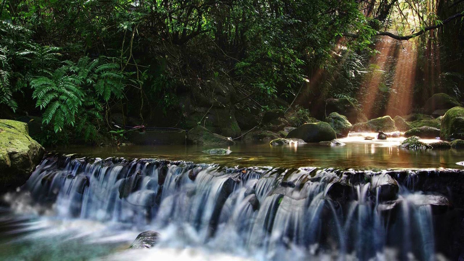 Wasserfall, Dschungel, Sonnenstrahlen, Fluss, Grün, 16:9, HD-Hintergrundbild für den Desktop